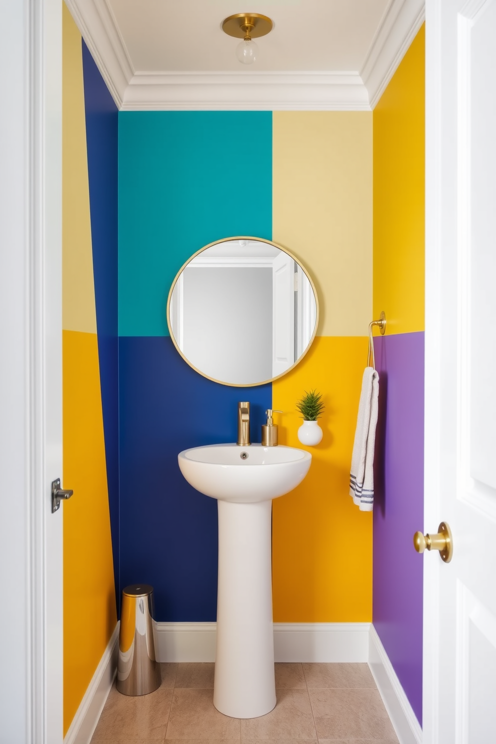 A vibrant powder room featuring bold color blocks in striking hues such as deep blue and bright yellow. The walls are divided into geometric sections, creating a modern and playful atmosphere. A sleek white pedestal sink sits against the colorful backdrop, complemented by a stylish round mirror with a gold frame. Decorative accents like a small potted plant and a chic soap dispenser add a touch of elegance to the space.