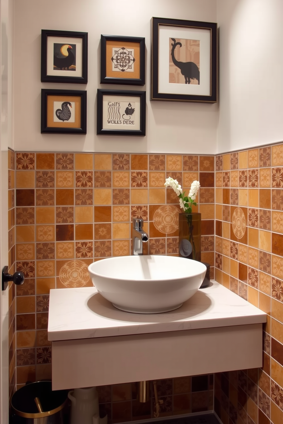 A stylish powder room featuring artisan tiles as a backsplash. The tiles showcase intricate patterns in warm earth tones, creating a focal point behind a sleek vanity. Above the vanity, a series of framed wall art pieces add character and charm. Soft ambient lighting highlights the textures of the tiles and the decor, enhancing the overall elegance of the space.