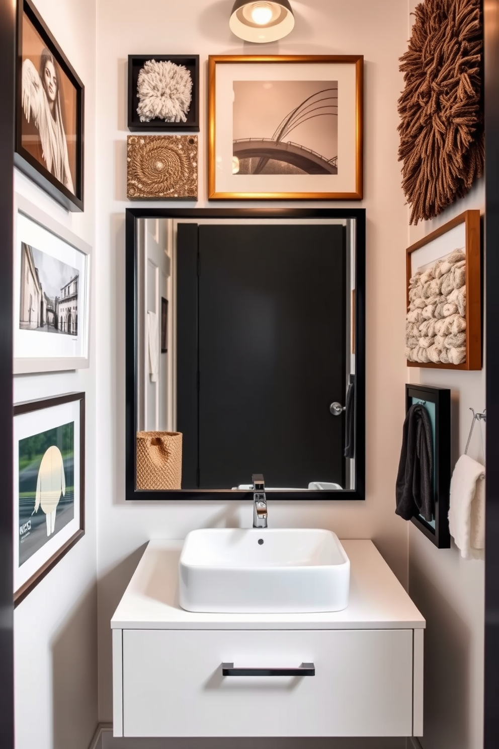 A chic powder room featuring layered wall art that creates visual interest. The walls are adorned with a mix of framed prints and textured pieces in complementary colors, enhancing the overall aesthetic. A stylish floating vanity with a sleek sink is positioned below the art display. Soft lighting illuminates the space, highlighting the unique decor and inviting ambiance.