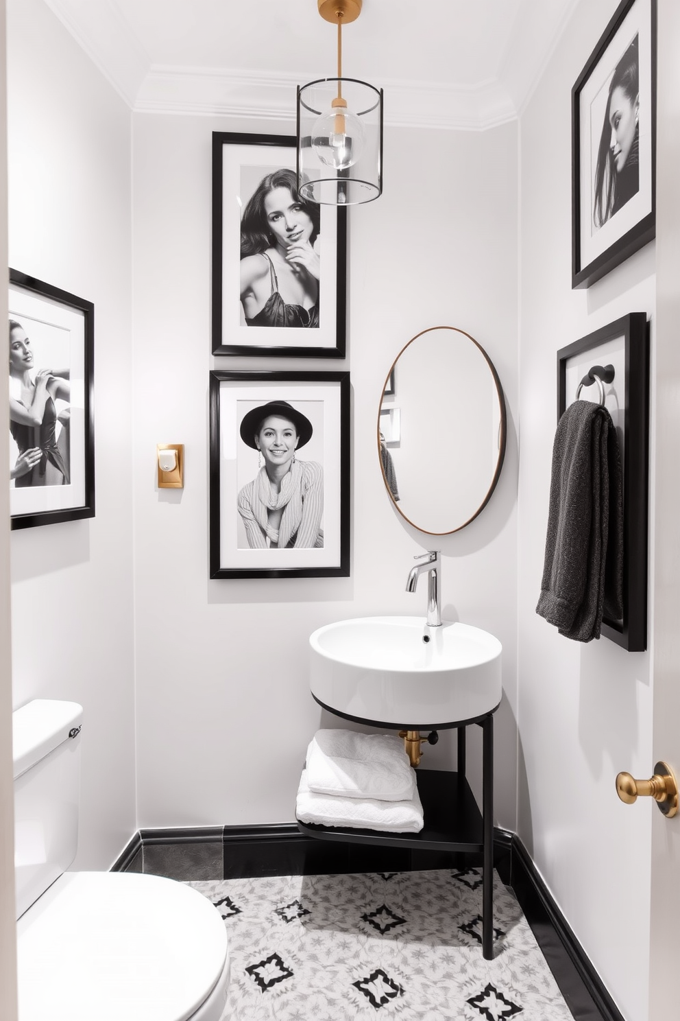 A stylish powder room featuring elegant wall decor in black and white photography. The walls are adorned with framed monochrome art pieces that enhance the room's sophisticated ambiance.