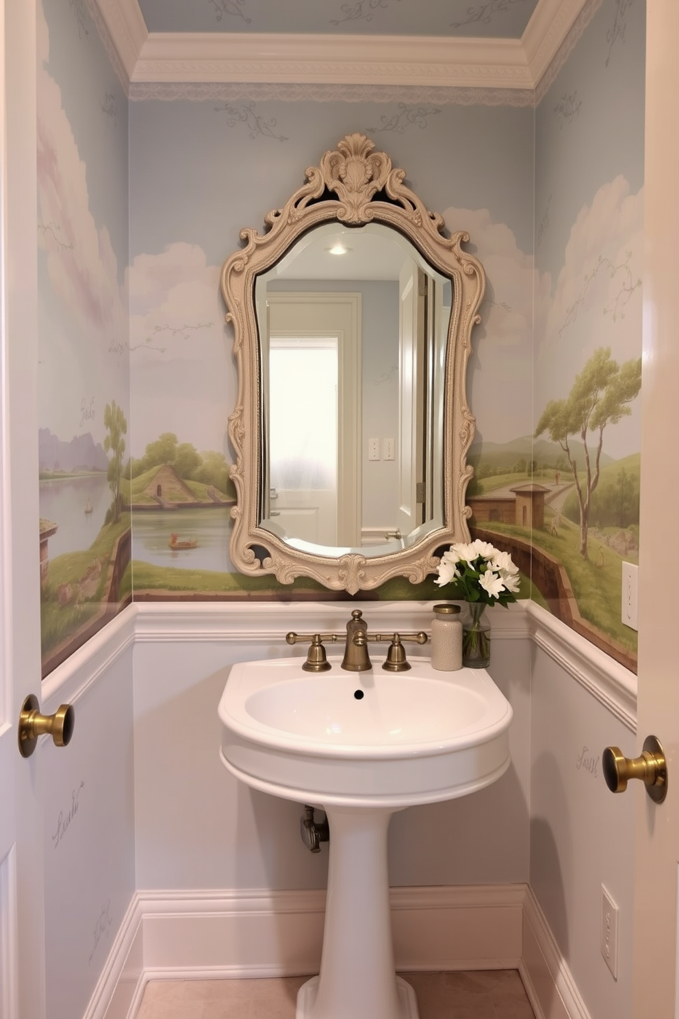 A powder room adorned with hand-painted murals that depict a serene landscape, creating a tranquil atmosphere. The murals feature soft pastel colors, complementing the elegant fixtures and furnishings in the space. The walls are accented with delicate floral patterns that add a touch of sophistication. A vintage-style mirror hangs above a sleek pedestal sink, reflecting the artistry of the murals and enhancing the overall aesthetic.