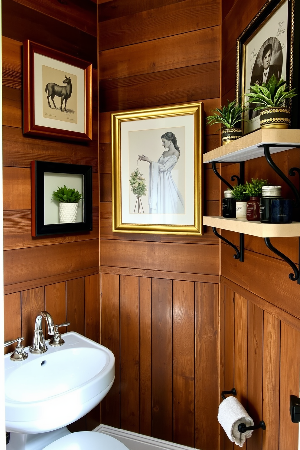 A charming powder room with rustic wood paneling that creates a warm and inviting atmosphere. The walls are adorned with vintage-inspired artwork and decorative shelves displaying small potted plants and elegant accessories.