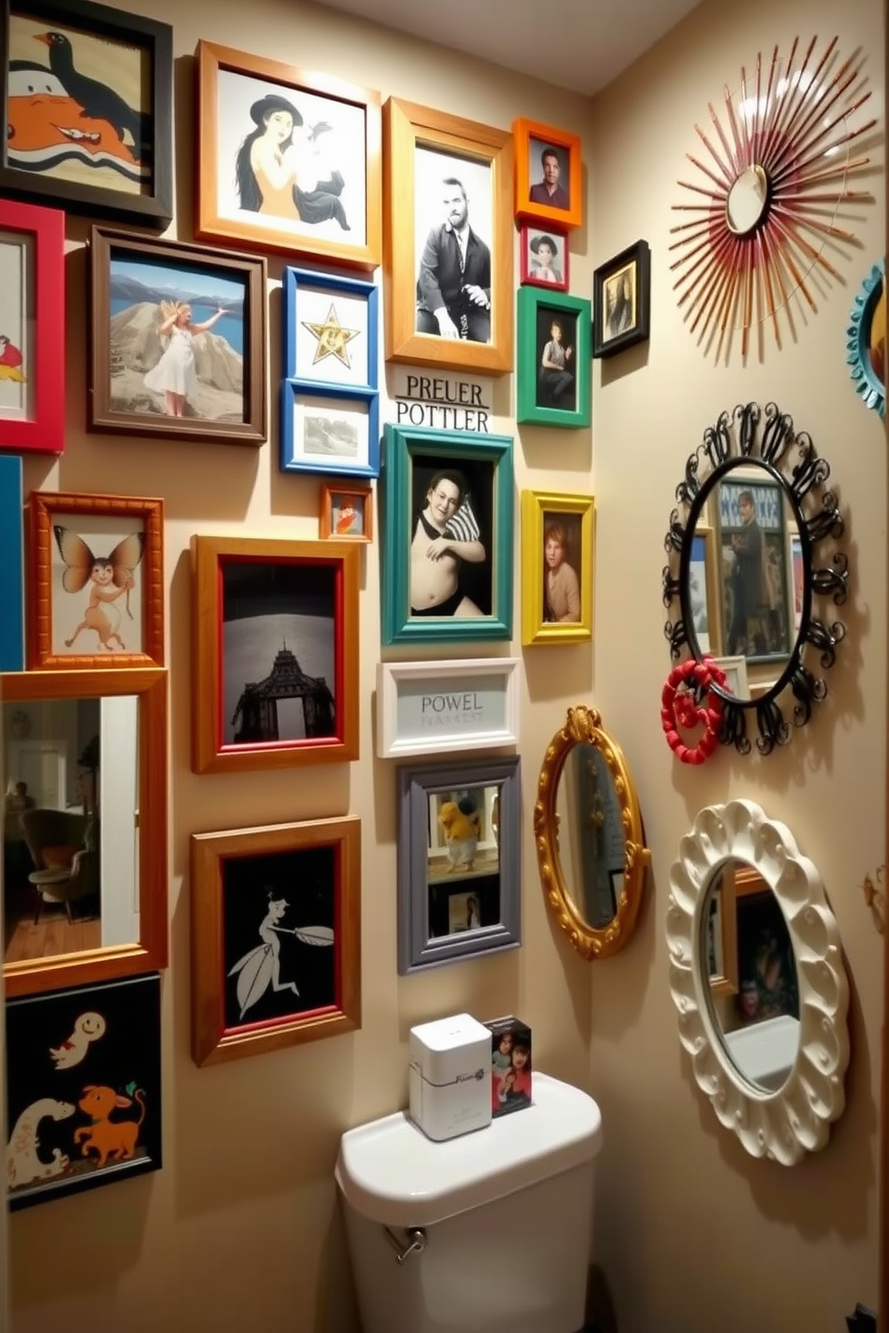 An eclectic gallery wall features an array of frames in various shapes and sizes showcasing an assortment of artwork and photographs. The frames are painted in bold colors and natural wood finishes, creating a vibrant and inviting atmosphere. The powder room is adorned with whimsical wall decor, including playful prints and decorative mirrors that reflect light and enhance the space. Soft, ambient lighting highlights the unique pieces, making the room feel both stylish and welcoming.