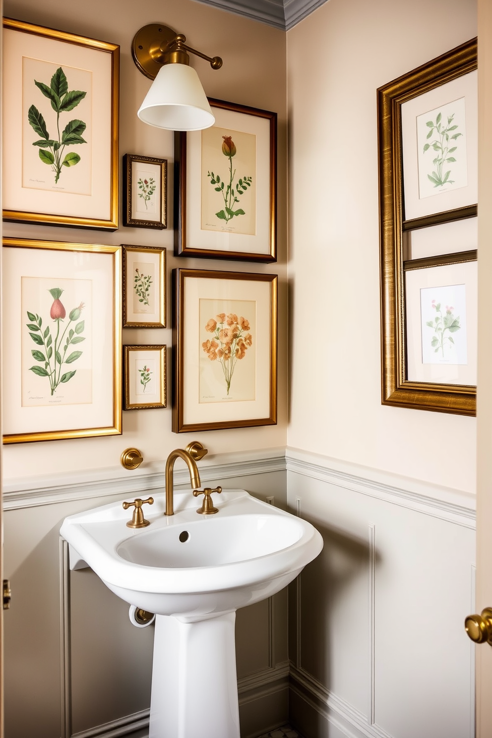 A chic powder room featuring vintage botanical prints elegantly displayed in stylish frames. The prints are arranged in a gallery style on a soft pastel wall, complemented by a sleek pedestal sink and antique brass fixtures.