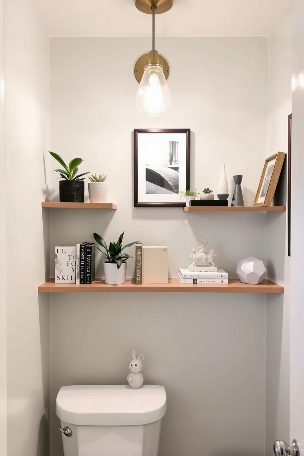 Chic floating shelves are elegantly arranged on the walls, adorned with a mix of decorative accents such as small plants, stylish books, and unique sculptures. The color palette features soft pastels that complement the overall ambiance of the powder room, creating a harmonious and inviting space. The wall decor is enhanced by framed artwork that adds personality and charm to the room. A subtle lighting fixture above the shelves casts a warm glow, highlighting the decorative elements and creating a cozy atmosphere.