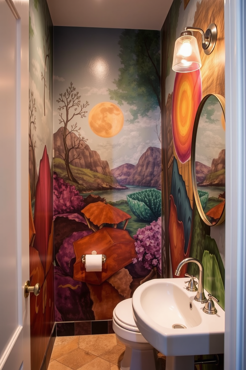 Artistic murals create a stunning focal point in a powder room. The walls are adorned with vibrant, hand-painted designs that reflect personal style and creativity. Incorporating a mural adds depth and character to the space. Consider themes such as abstract art, nature scenes, or geometric patterns to enhance the overall aesthetic.