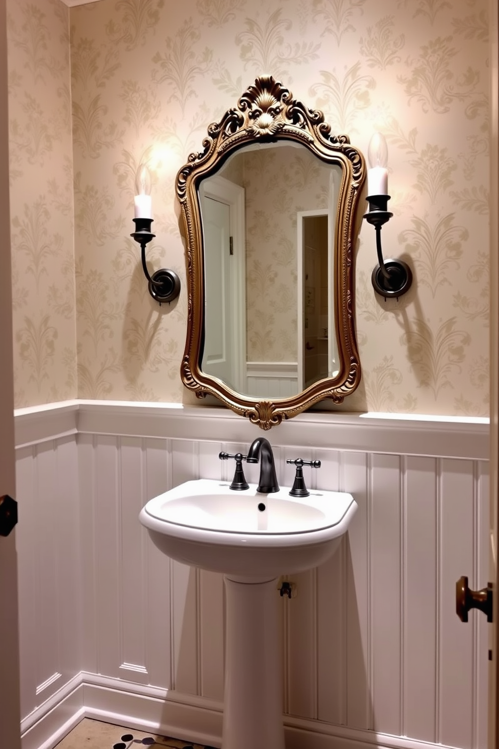 A charming powder room featuring classic wainscoting painted in a crisp white color. The walls above the wainscoting are adorned with soft pastel wallpaper that adds a touch of elegance. A vintage-style mirror with an ornate frame hangs above a sleek pedestal sink. Decorative sconces on either side of the mirror provide warm lighting, enhancing the inviting atmosphere.