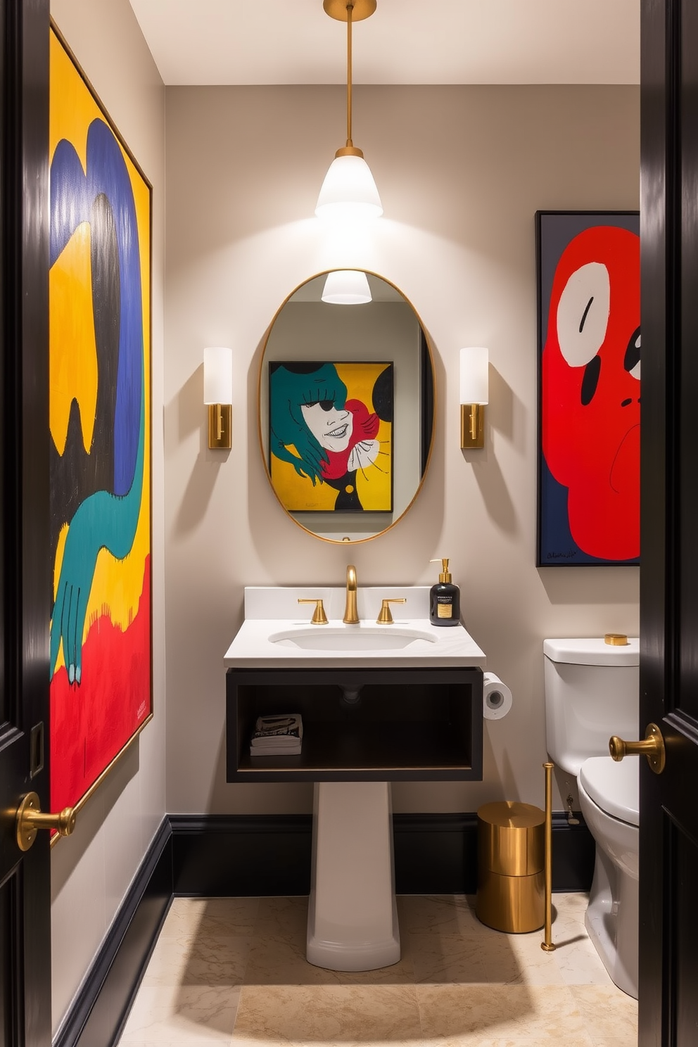 A stylish powder room features statement art pieces in bold colors that create a striking focal point. The walls are adorned with large, vibrant paintings that enhance the overall aesthetic and invite conversation. The decor includes a sleek vanity with a modern sink and a chic mirror that complements the artwork. Accents of gold and brass in the fixtures add a touch of luxury to the space, making it both functional and visually appealing.