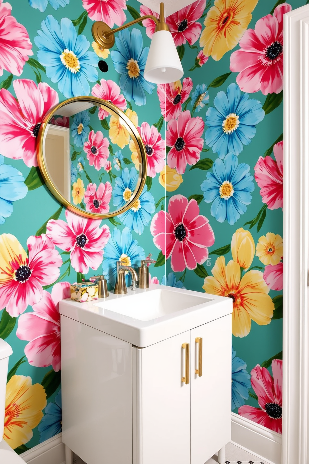 A vibrant powder room features bold floral patterns that create an eye-catching statement. The walls are adorned with large, colorful blooms in shades of pink, blue, and yellow, bringing energy to the space. The vanity is sleek and modern, with a glossy white finish that contrasts beautifully with the vibrant wallpaper. A round mirror with a gold frame hangs above the sink, reflecting the lively patterns and enhancing the room's brightness.