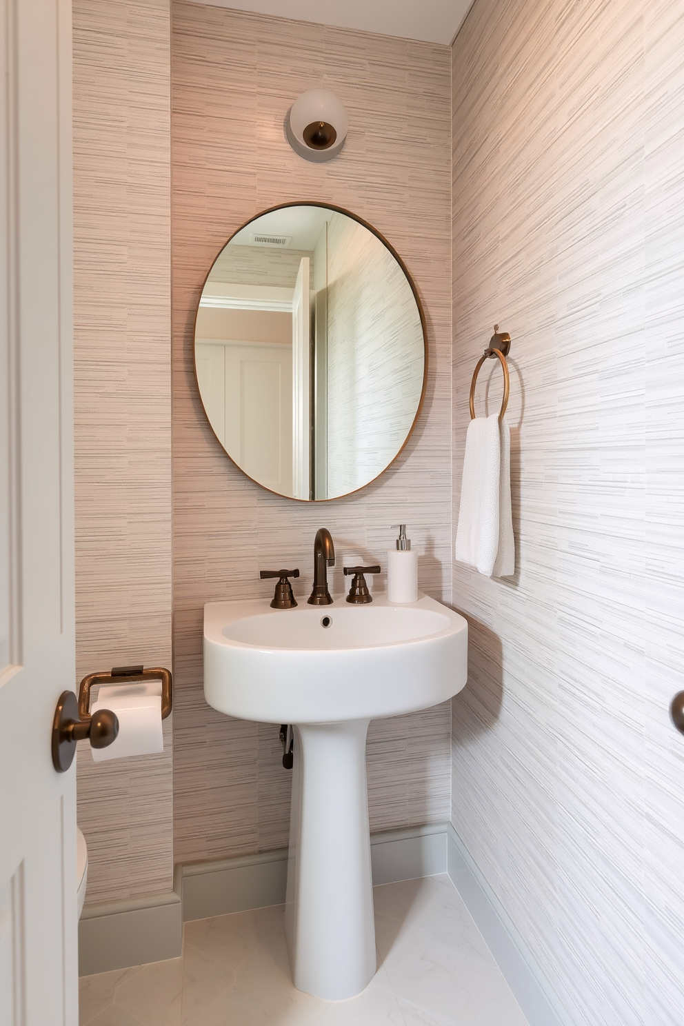 A stylish powder room featuring textured wallpaper that adds depth and dimension to the space. The wallpaper showcases a subtle pattern in soft hues, creating an inviting atmosphere while enhancing the overall design.