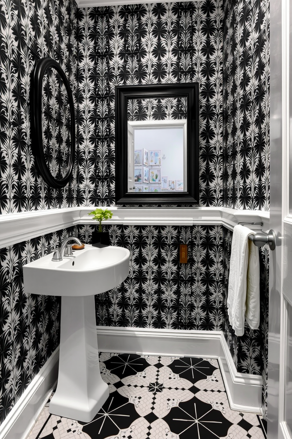 A stylish powder room features black and white patterned wallpaper that creates a striking visual contrast. The elegant design is complemented by a sleek pedestal sink and a vintage-style mirror framed in black. The floor is adorned with classic black and white tiles that echo the wallpaper's patterns. To enhance the timeless aesthetic, a small potted plant sits on a minimalist shelf, adding a touch of greenery to the monochrome palette.