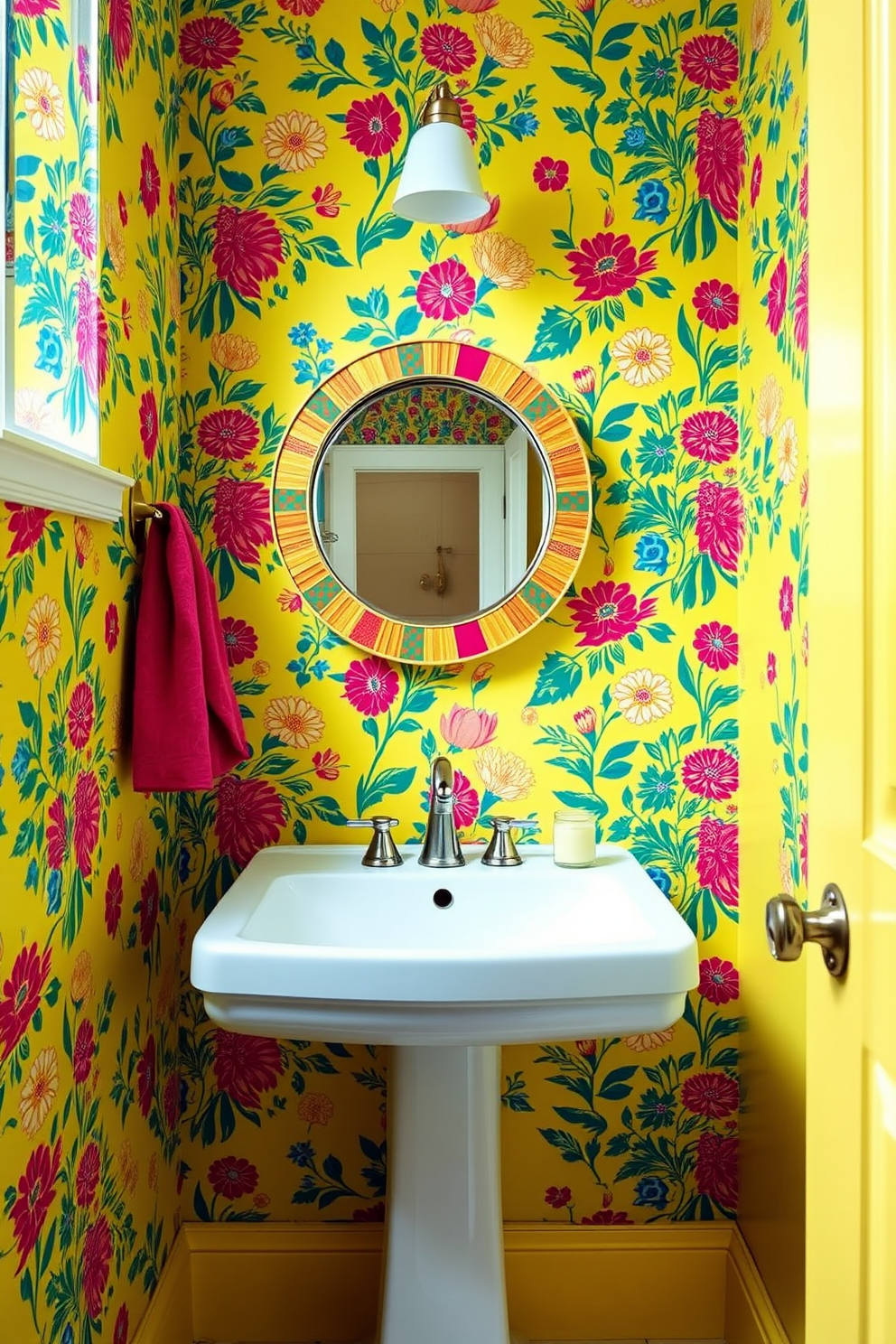 Bright colors for a cheerful space. The powder room is adorned with vibrant wallpaper featuring a playful floral pattern that instantly lifts the mood. The walls are painted in a sunny yellow that complements the lively design. A sleek white pedestal sink sits against the wall, accented by a round mirror with a colorful frame.