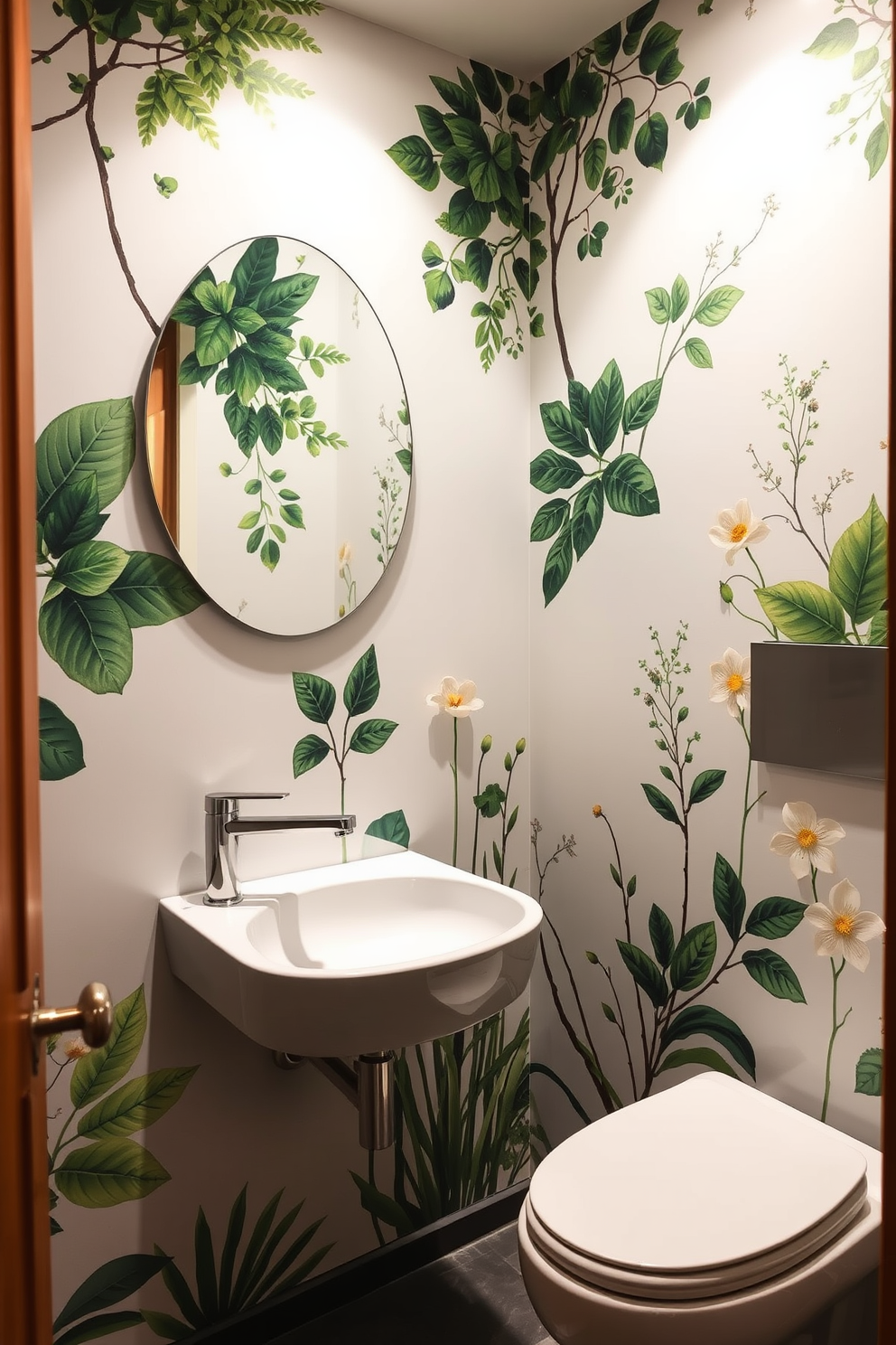 A serene powder room adorned with nature-inspired murals that evoke a calming atmosphere. The walls feature intricate designs of lush greenery and delicate floral patterns, creating a tranquil escape. Soft lighting illuminates the space, highlighting the beauty of the murals. A sleek, modern sink with a brushed nickel faucet complements the organic theme, while natural wood accents add warmth to the design.