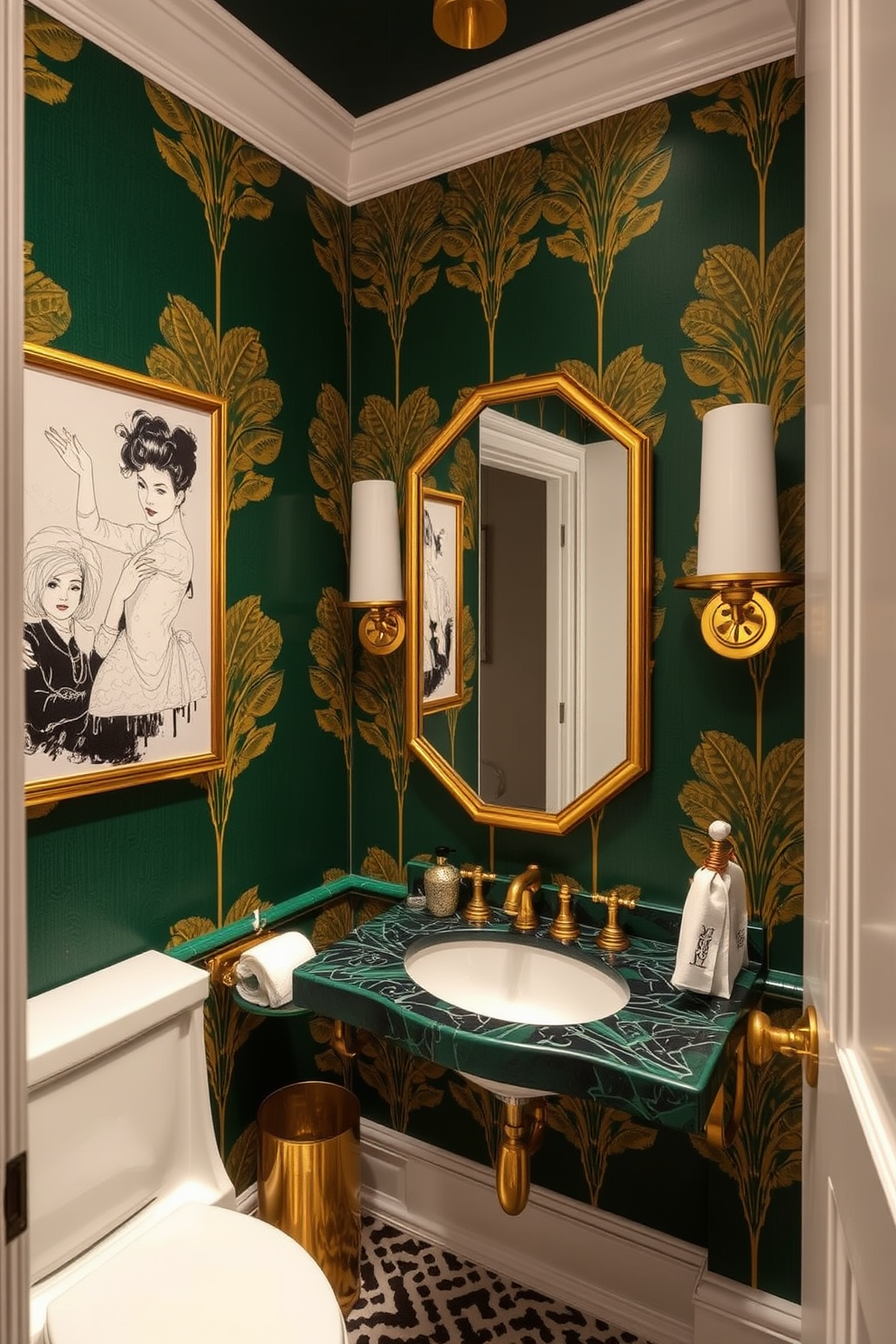 Art deco designs for vintage sophistication create an atmosphere of elegance and luxury. The powder room features bold geometric patterns in rich colors, complemented by gold accents and ornate fixtures. For wallpaper design ideas, consider a deep emerald green background adorned with intricate gold leaf motifs. This combination adds depth and a timeless charm to the space, enhancing the overall vintage feel.