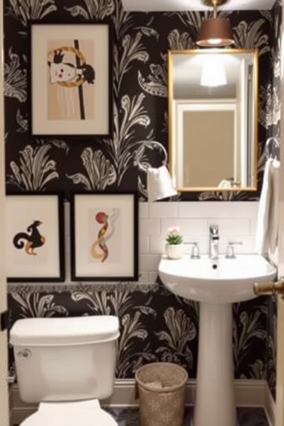 Create a modern powder room featuring abstract art prints that add a contemporary feel to the space. The walls are adorned with a bold wallpaper design that complements the art, creating a cohesive and stylish atmosphere.