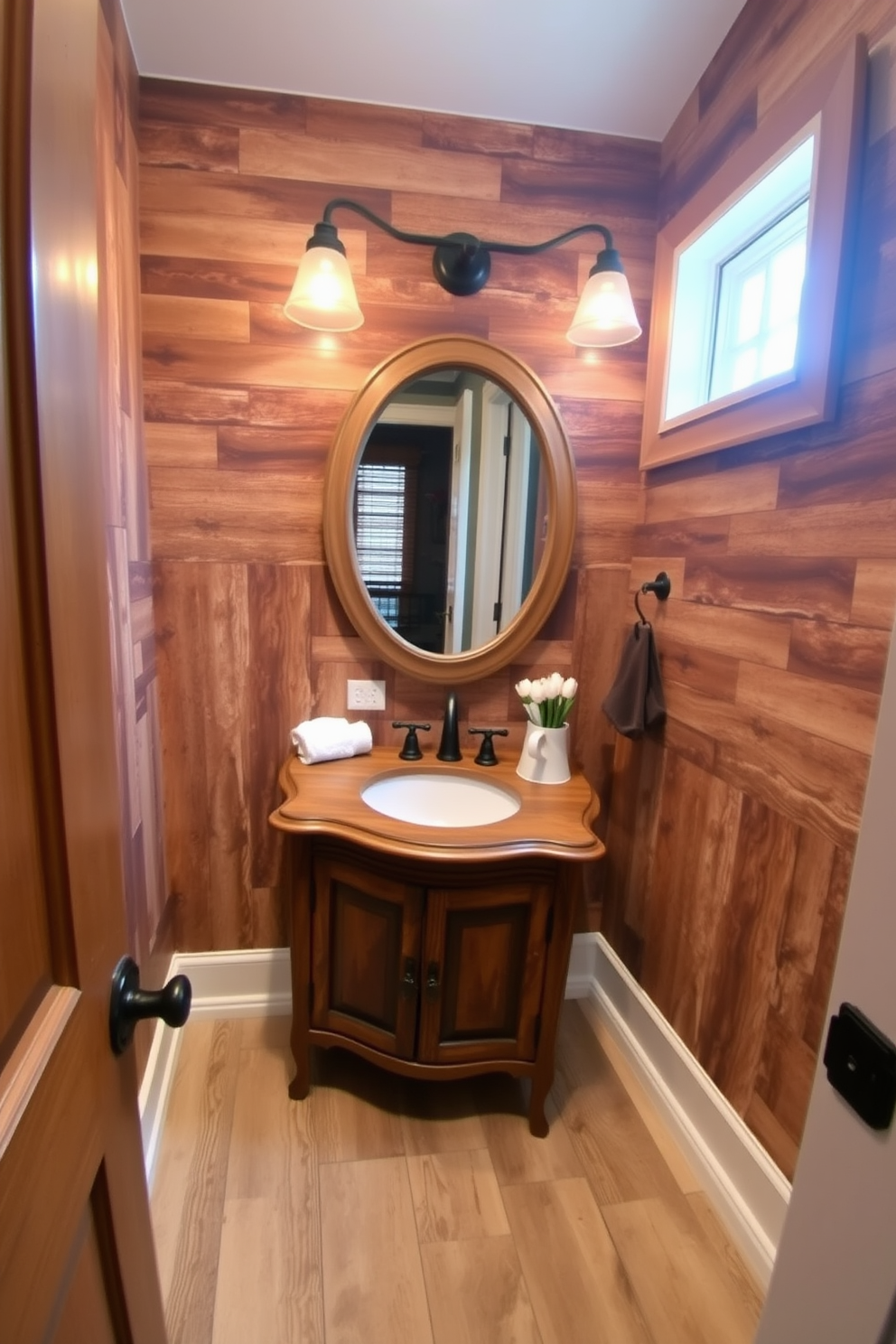 A cozy powder room featuring rustic wood patterns on the walls creates a warm and inviting atmosphere. The wallpaper showcases a blend of natural textures with earthy tones, enhancing the overall charm of the space. A vintage-style wooden vanity complements the rustic theme, topped with a round mirror framed in distressed wood. Soft lighting fixtures with a warm glow illuminate the room, accentuating the cozy feel and inviting ambiance.