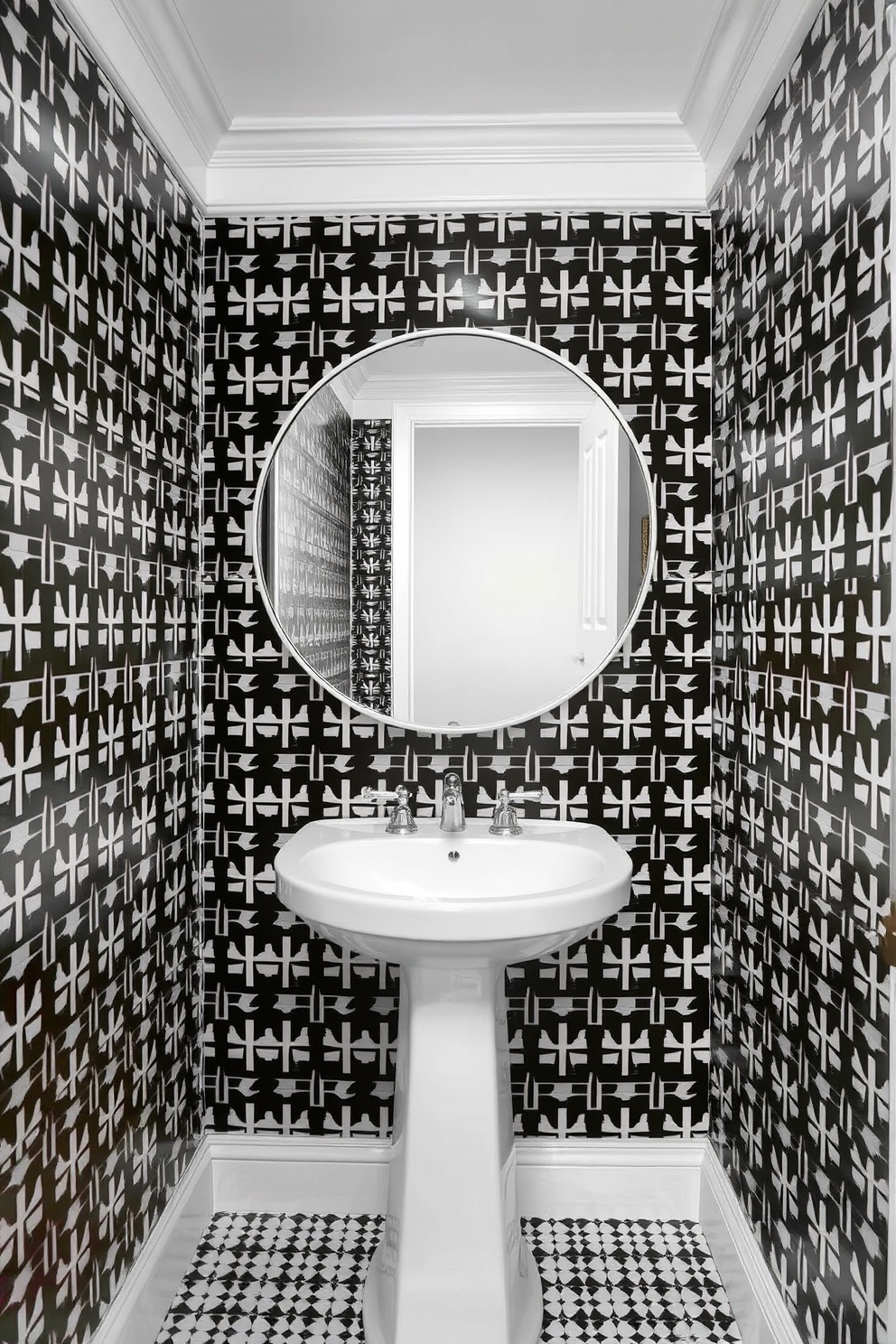 A chic powder room adorned with monochrome patterned wallpaper that creates a striking visual impact. The walls feature a bold geometric design in black and white, enhancing the room's sleek aesthetic. The space includes a contemporary pedestal sink with a minimalist faucet that complements the wallpaper. A large round mirror hangs above the sink, reflecting the elegant patterns and adding depth to the design.