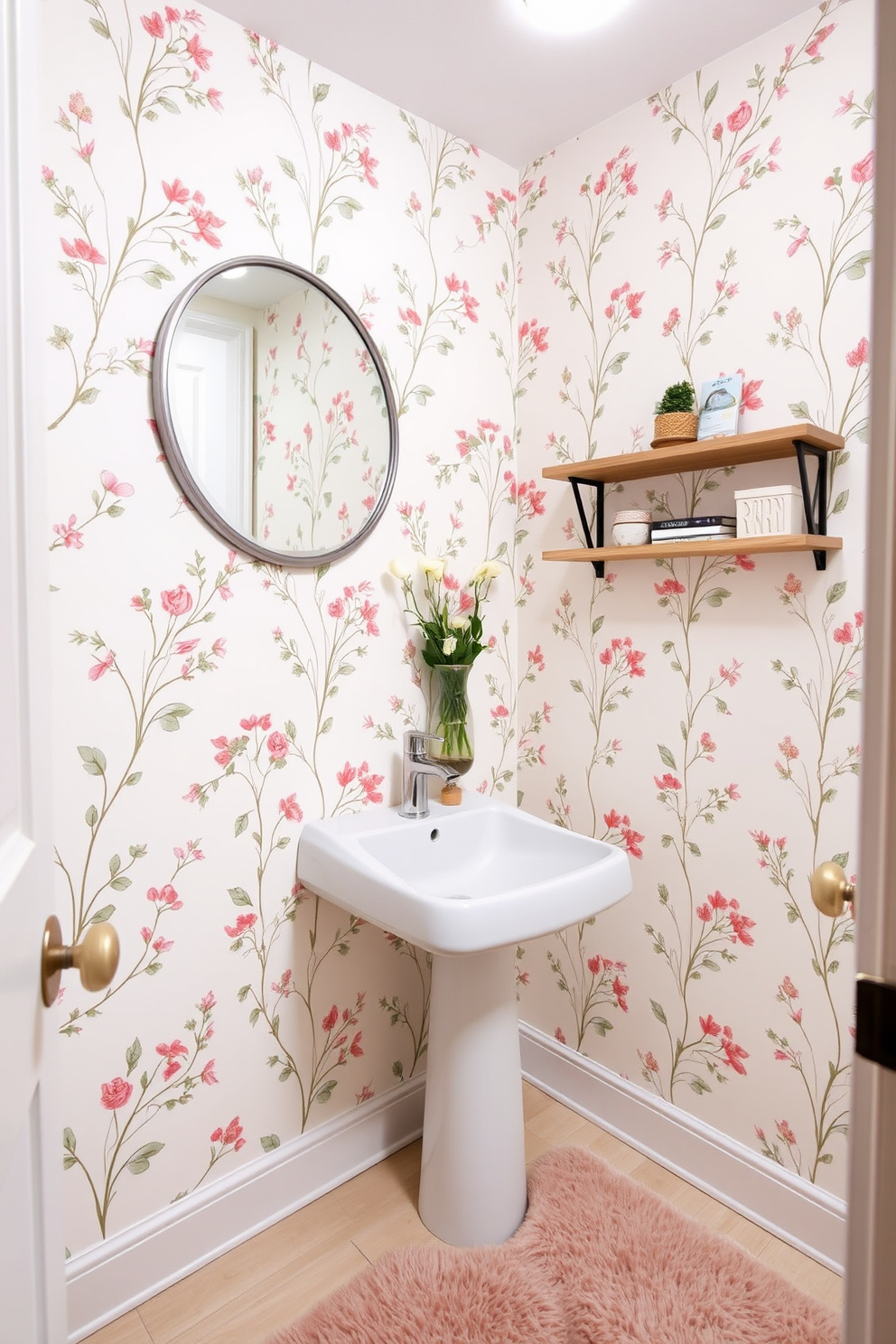 A charming powder room adorned with seasonal wallpaper that features delicate floral patterns in soft pastel colors. The room is complemented by a sleek white pedestal sink and a round mirror with a brushed nickel frame, enhancing the bright and airy feel. The walls are decorated with a whimsical spring design, showcasing blooming flowers and leafy vines. A small wooden shelf displays seasonal decor items, while a plush bath mat in a coordinating color adds warmth to the space.