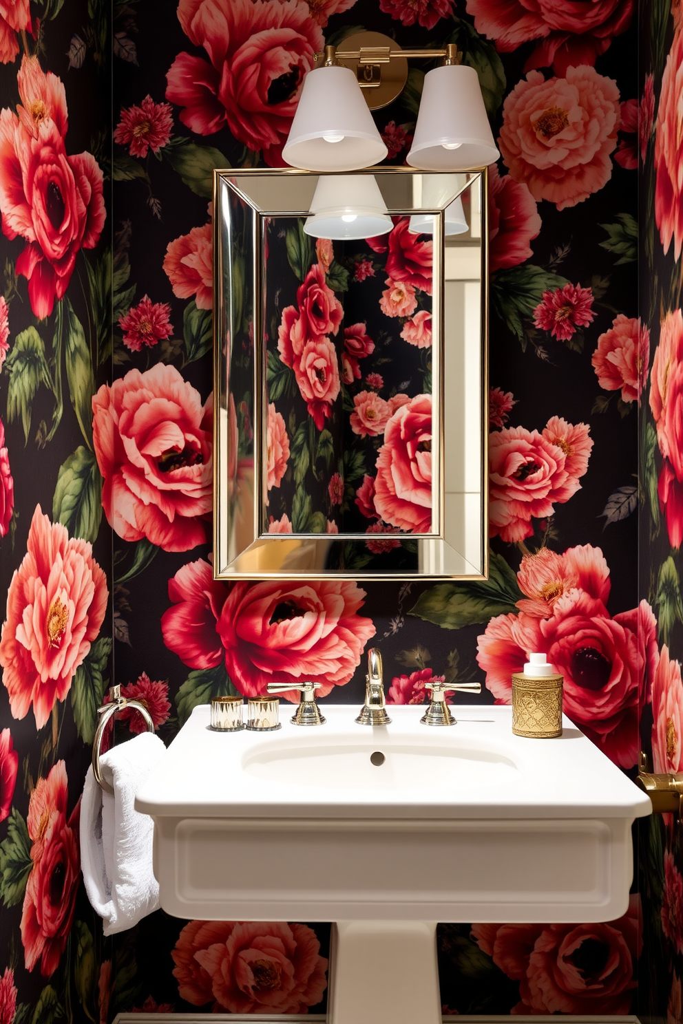 Large-scale florals create a bold and inviting atmosphere in a powder room. The wallpaper features vibrant blooms in rich colors, setting a dramatic backdrop for elegant fixtures. The design incorporates a sleek pedestal sink and a stylish mirror that complements the floral pattern. Soft lighting highlights the intricate details of the wallpaper, enhancing the overall elegance of the space.