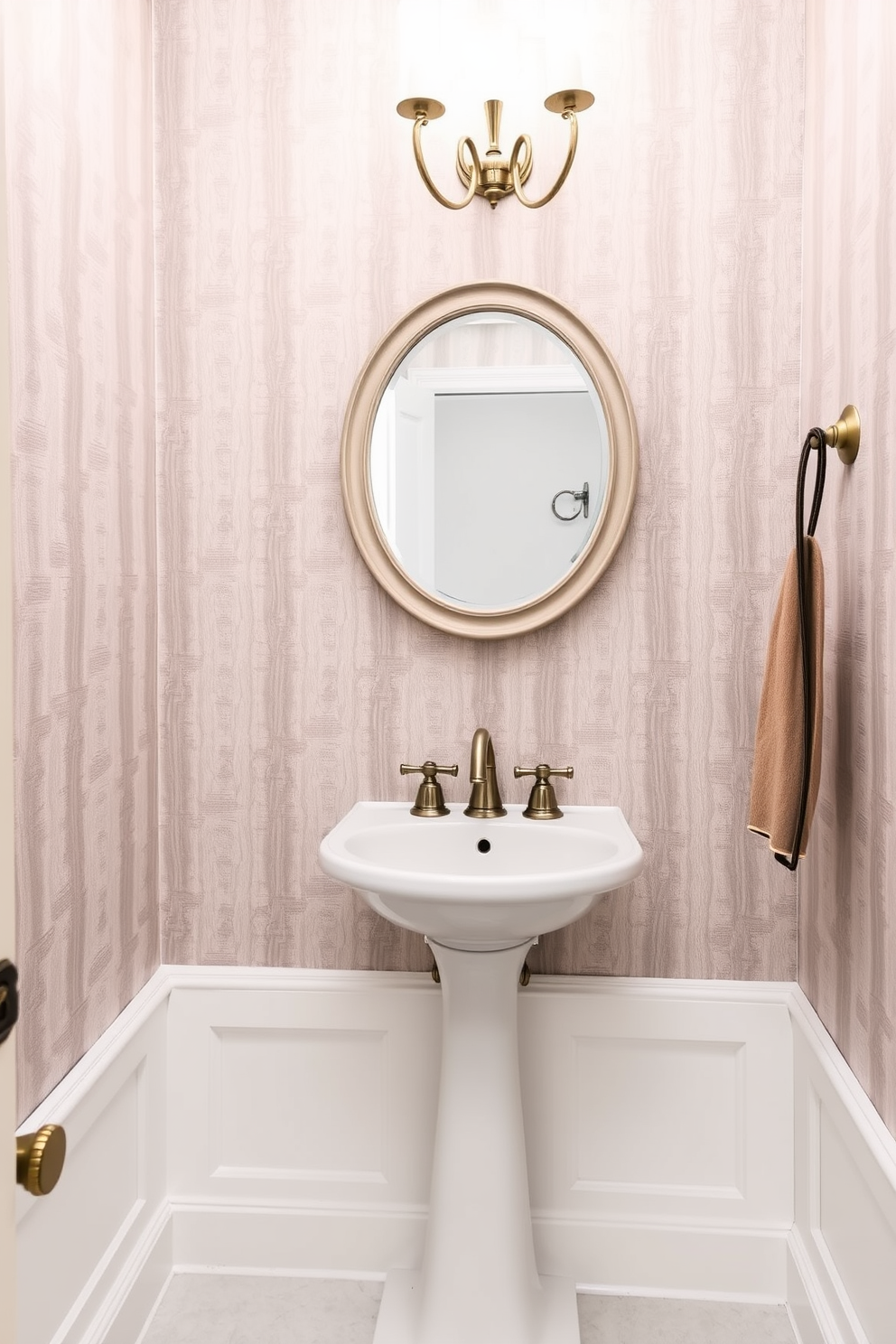 A refined powder room featuring subtle striped wallpaper in soft pastel hues. The wallpaper creates a sense of depth and elegance, enhancing the overall ambiance of the space. In the center, a sleek pedestal sink is complemented by a vintage-style faucet. A round mirror with a delicate frame hangs above the sink, reflecting the charming details of the room.