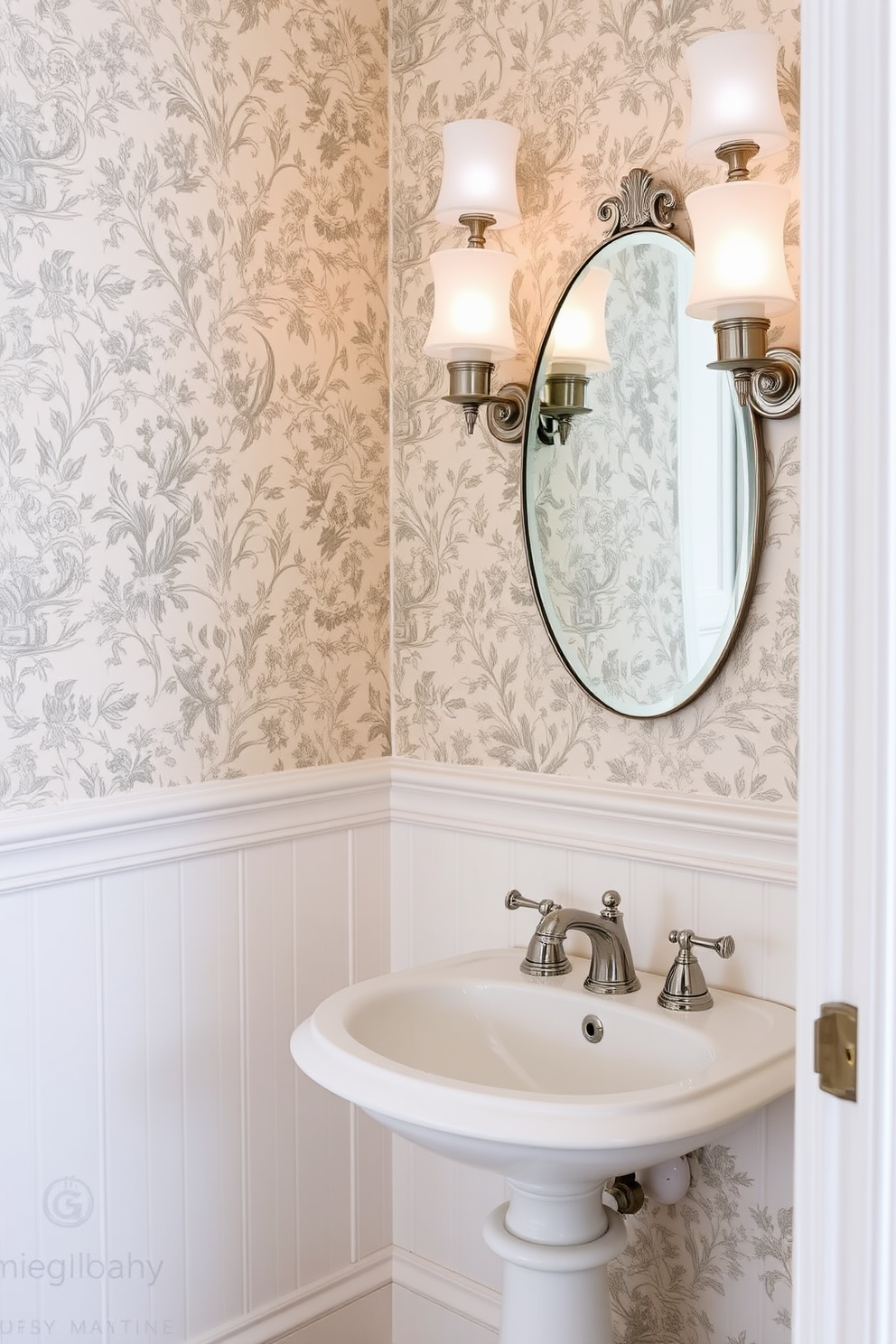 Classic toile for traditional elegance. The powder room features intricately patterned toile wallpaper in soft pastel hues, creating a timeless backdrop. A vintage pedestal sink with a polished chrome faucet sits against the wallpaper. Elegant sconces with frosted glass shades illuminate the space, casting a warm glow.