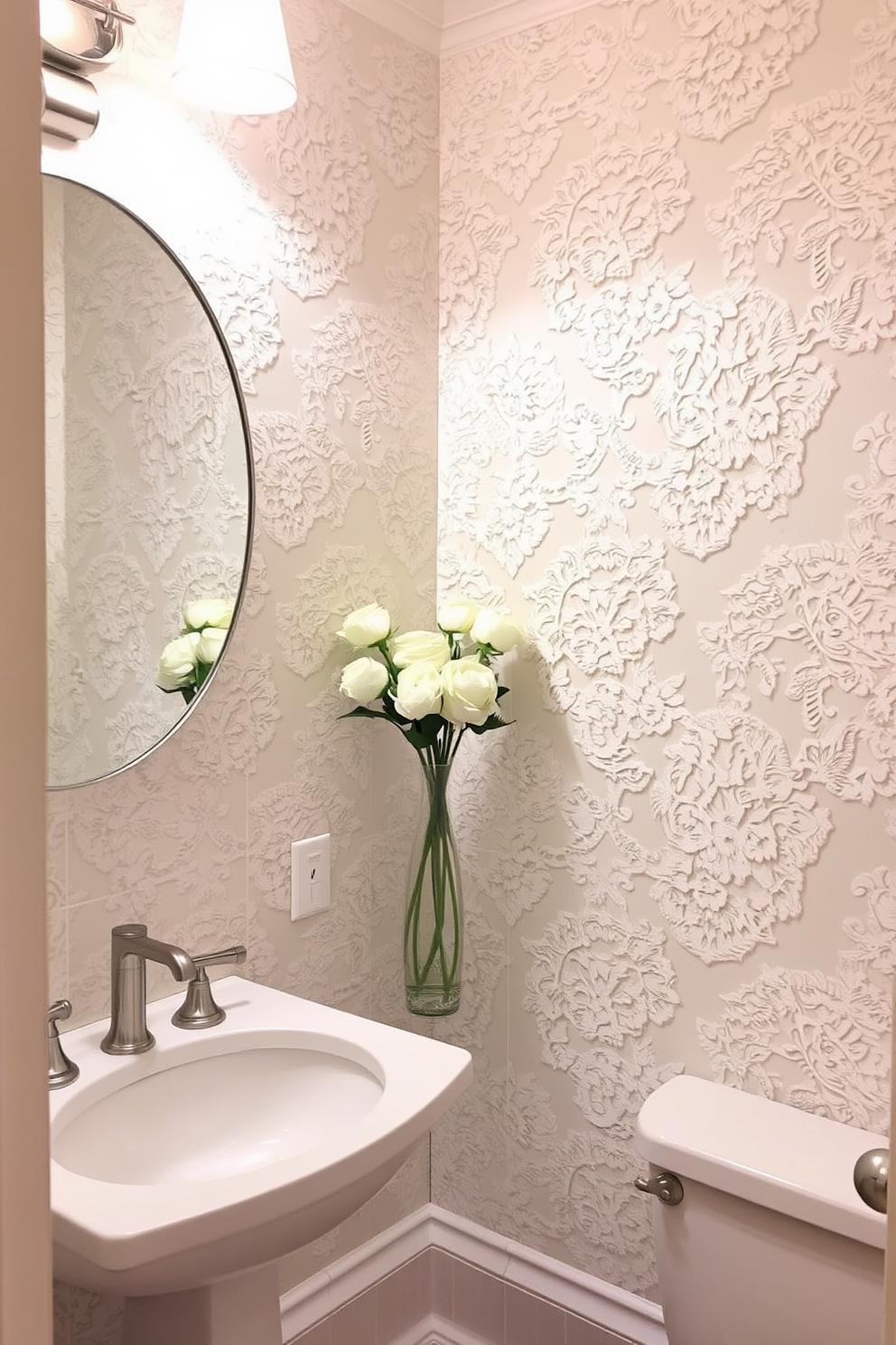 Elegant lace patterns create a delicate touch in the powder room. The wallpaper features intricate lace designs in soft pastel hues, enhancing the overall ambiance of the space.