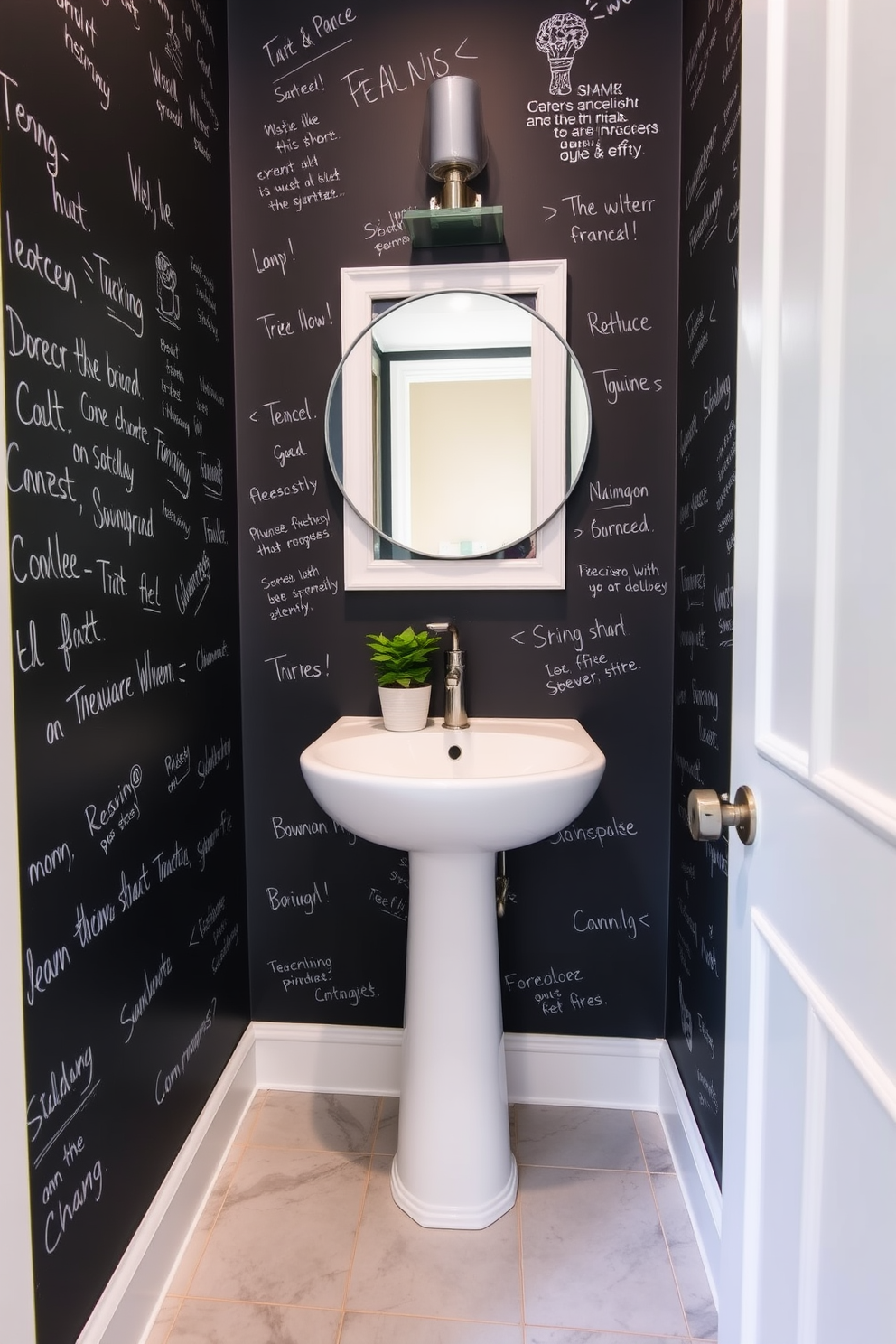 Chalkboard wallpaper covers the walls of a stylish powder room, creating an interactive and playful atmosphere. The space features a sleek white pedestal sink and a modern round mirror, allowing guests to leave messages or drawings. The flooring is a light gray tile that complements the dark chalkboard surface. A small potted plant sits on the sink, adding a touch of greenery and warmth to the design.