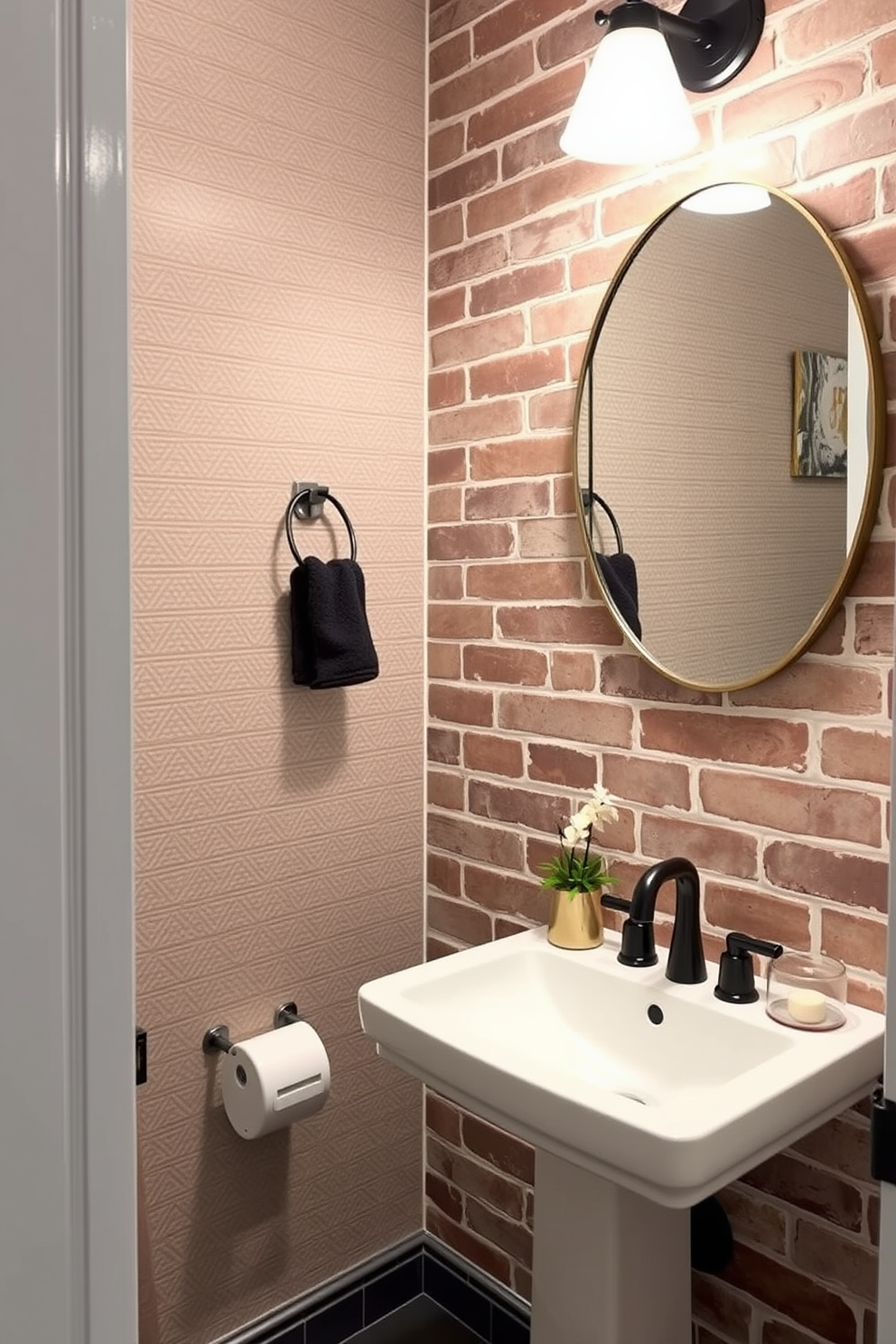 A stylish powder room featuring faux brick walls that add an industrial edge to the space. The wallpaper showcases a subtle geometric pattern in muted tones, complementing the rustic charm of the faux brick.