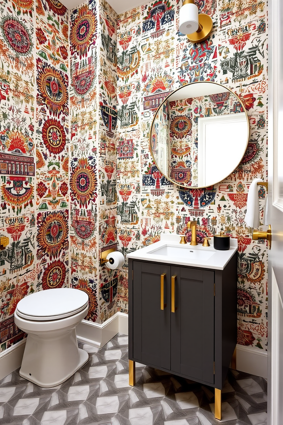 A stylish powder room featuring wallpaper with intricate cultural patterns inspired by global designs. The walls are adorned with vibrant prints that reflect the rich heritage of various cultures, creating a unique and inviting atmosphere. The vanity is a sleek modern design with a polished brass faucet and a round mirror above it. Complementing the wallpaper, the floor is laid with geometric tiles that add a contemporary touch to the overall aesthetic.