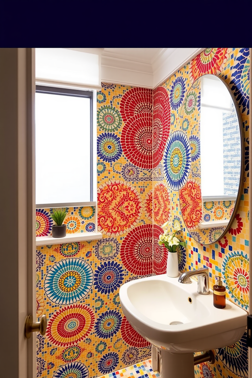 A vibrant powder room features colorful mosaic designs that create an artistic flair. The walls are adorned with intricate patterns in a variety of hues, including blues, reds, and yellows, bringing energy to the space. The ceiling is painted a soft white to contrast with the bold colors of the mosaics. A sleek pedestal sink complements the design, while decorative accents like a small potted plant and stylish soap dispenser add finishing touches.