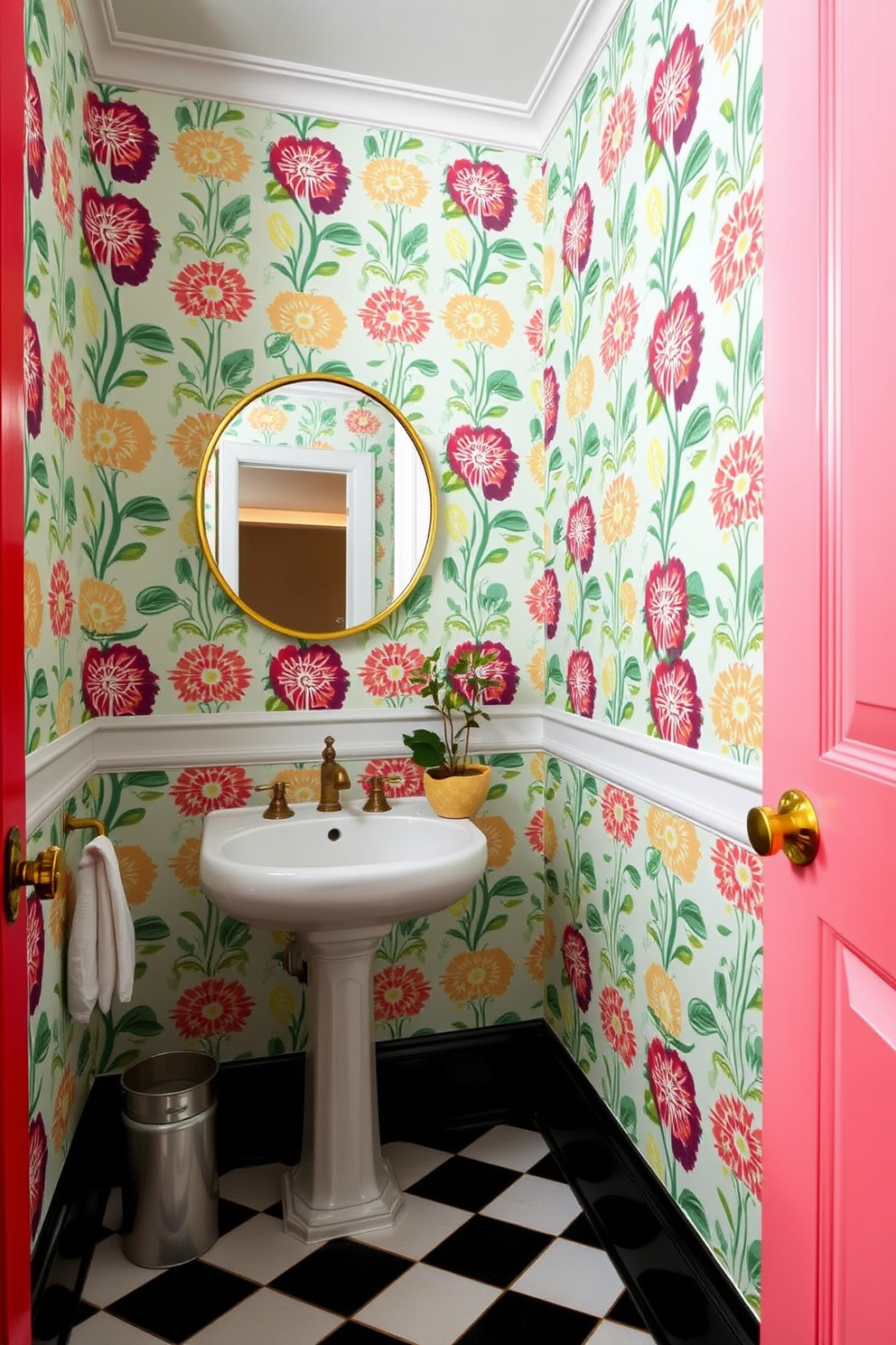 A charming powder room adorned with retro prints that evoke a sense of nostalgia. The walls are covered in vibrant wallpaper featuring bold geometric patterns and pastel colors, creating a playful atmosphere. A vintage pedestal sink stands against one wall, complemented by a round mirror with a brass frame. The floor is finished with black and white checkered tiles, adding to the retro aesthetic while a small potted plant brings a touch of freshness to the space.