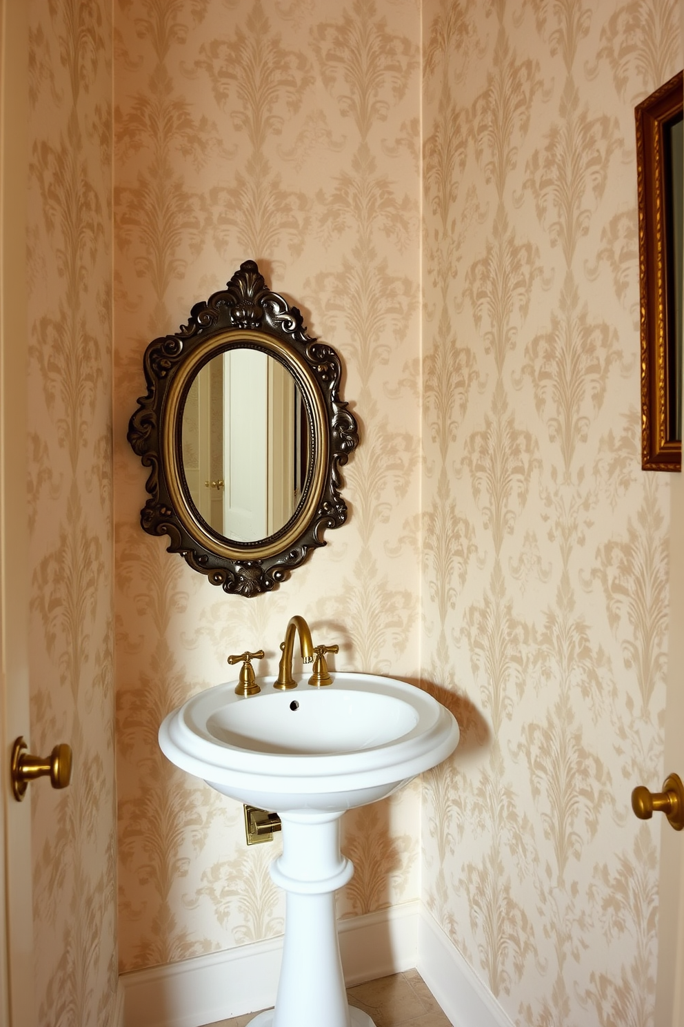 A vintage damask wallpaper design graces the walls of a charming powder room, exuding classic elegance and sophistication. The intricate patterns in soft pastels create a warm and inviting atmosphere, perfect for a stylish retreat. A polished pedestal sink stands against the backdrop of the wallpaper, complemented by a sleek gold faucet. The room features a vintage mirror with an ornate frame, reflecting the timeless beauty of the space.