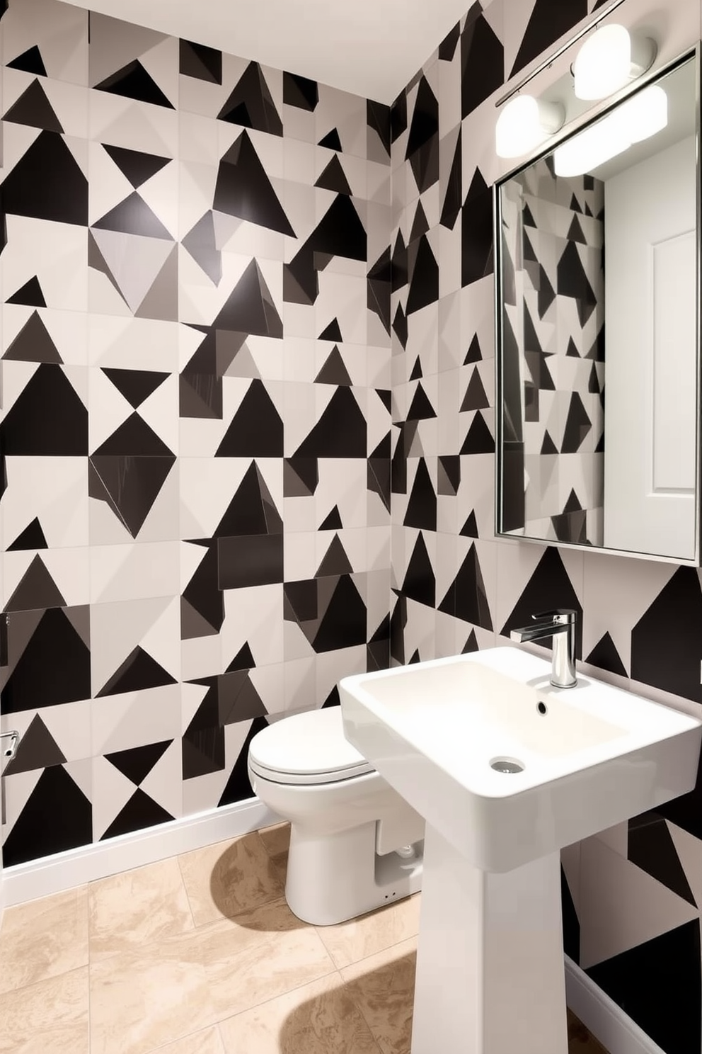 A contemporary powder room featuring bold geometric wallpaper that adds a striking visual element to the space. The walls are adorned with a mix of triangles and hexagons in a monochromatic color palette, creating a modern and sophisticated ambiance. A sleek pedestal sink sits against the wallpaper, complemented by a minimalist mirror with clean lines. The floor is finished with large format tiles in a neutral tone, enhancing the overall geometric theme while providing a chic foundation.