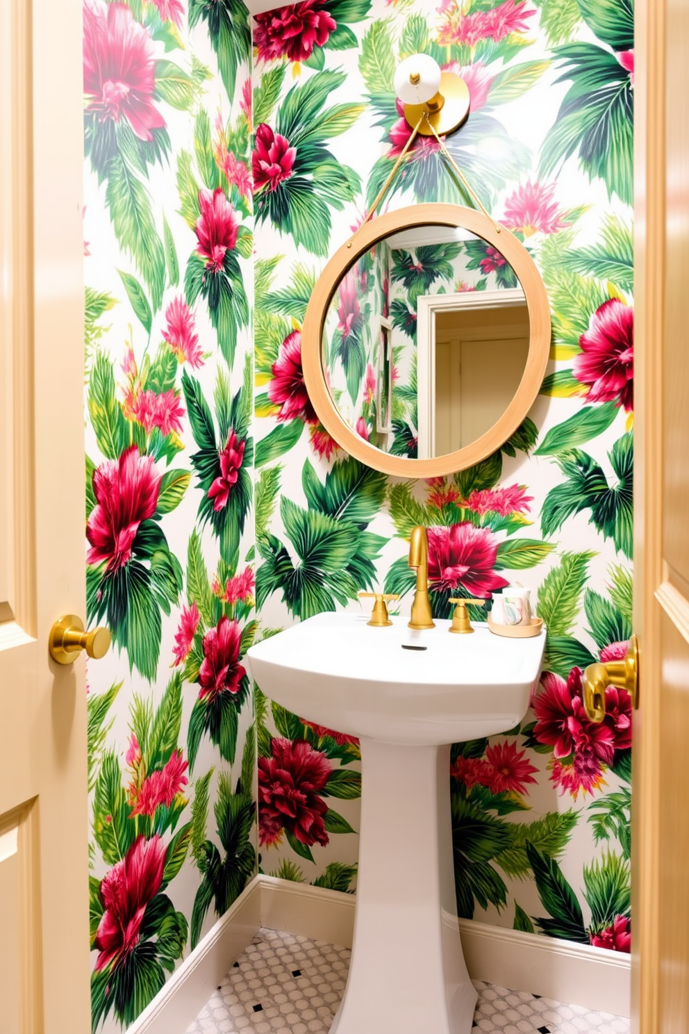 A vibrant powder room adorned with tropical prints creates an inviting and lively atmosphere. The walls are covered in bold, colorful wallpaper featuring lush palm leaves and exotic flowers, bringing the essence of a tropical paradise indoors. The fixtures are sleek and modern, with a white pedestal sink and a stylish gold faucet that complement the vibrant prints. A round mirror with a natural wood frame hangs above the sink, reflecting the playful energy of the room.