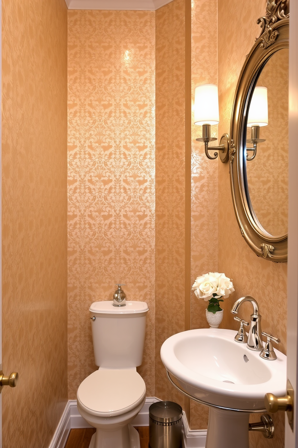 Chic metallics create a glamorous finish in the powder room with shimmering wallpaper that reflects light beautifully. The walls are adorned with a luxurious gold and silver pattern, enhancing the elegance of the space. A sleek pedestal sink with a polished chrome faucet complements the metallic theme. Accents like a stylish mirror with a metallic frame and decorative accessories in coordinating hues add to the overall sophistication.