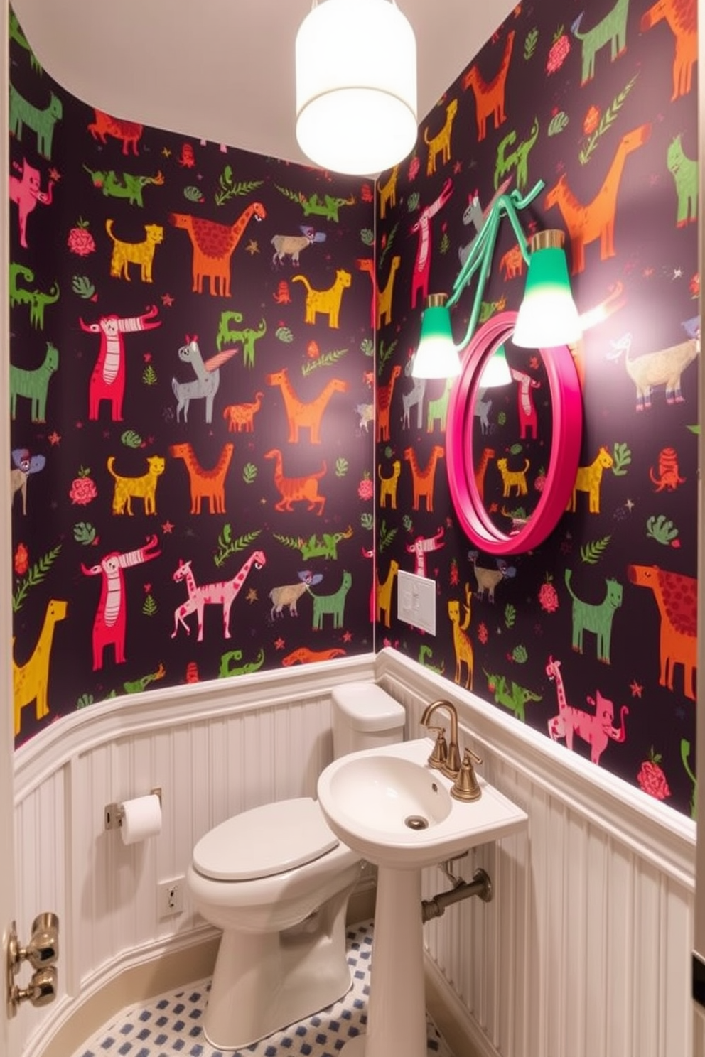 A whimsical powder room features playful animal prints adorning the walls, creating a vibrant and cheerful atmosphere. The wallpaper showcases a variety of colorful animals in fun poses, adding a sense of joy and creativity to the space. The room includes a petite vanity with a round mirror framed in bright colors, complementing the lively wallpaper. Soft lighting fixtures in playful shapes illuminate the area, enhancing the whimsical theme and inviting a sense of wonder.