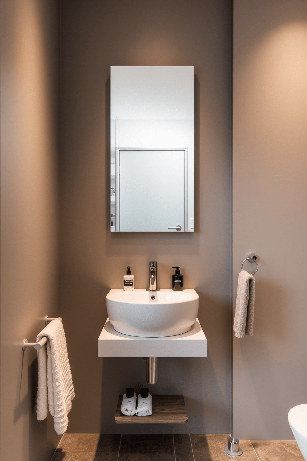 A compact floating sink is installed against a sleek wall, maximizing floor space while offering a modern aesthetic. The surrounding area features minimalist decor with a large mirror above the sink and warm lighting that enhances the ambiance. The walls are painted in a soft gray hue, creating a calming atmosphere. A small shelf below the sink holds neatly arranged toiletries, while a stylish towel rack complements the overall design.