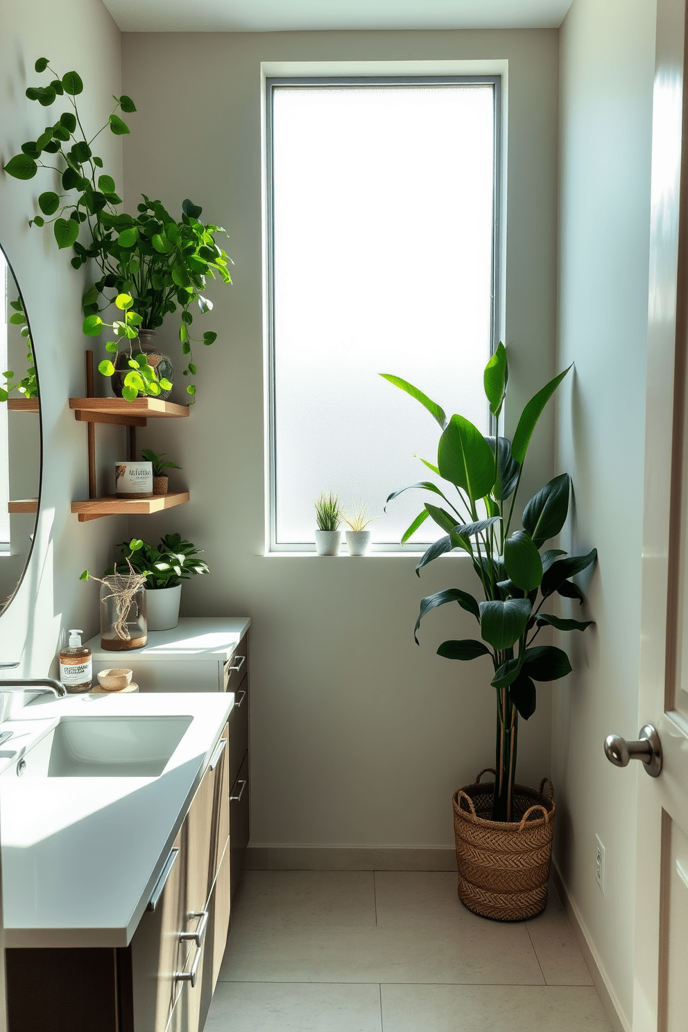 A serene quarter bathroom design featuring decorative plants that enhance the fresh atmosphere. The walls are painted in a soft neutral tone, and lush green plants are strategically placed on shelves and countertops to bring life to the space. The design includes a sleek vanity with a modern sink and ample storage. Natural light filters through a frosted window, illuminating the space and creating a tranquil ambiance.