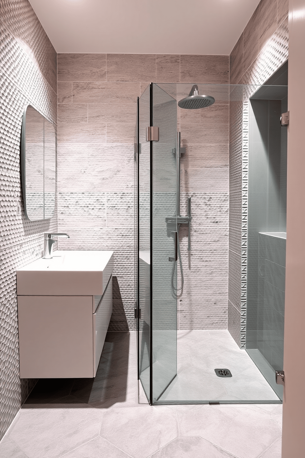 A stylish quarter bathroom featuring textured tiles that create visual interest on the walls. The floor is adorned with hexagonal tiles in varying shades of gray, complementing the sleek white vanity with a modern sink. A frameless glass shower enclosure showcases a rainfall showerhead, enhancing the contemporary feel. Soft lighting illuminates the space, highlighting the unique tile patterns and creating a warm atmosphere.