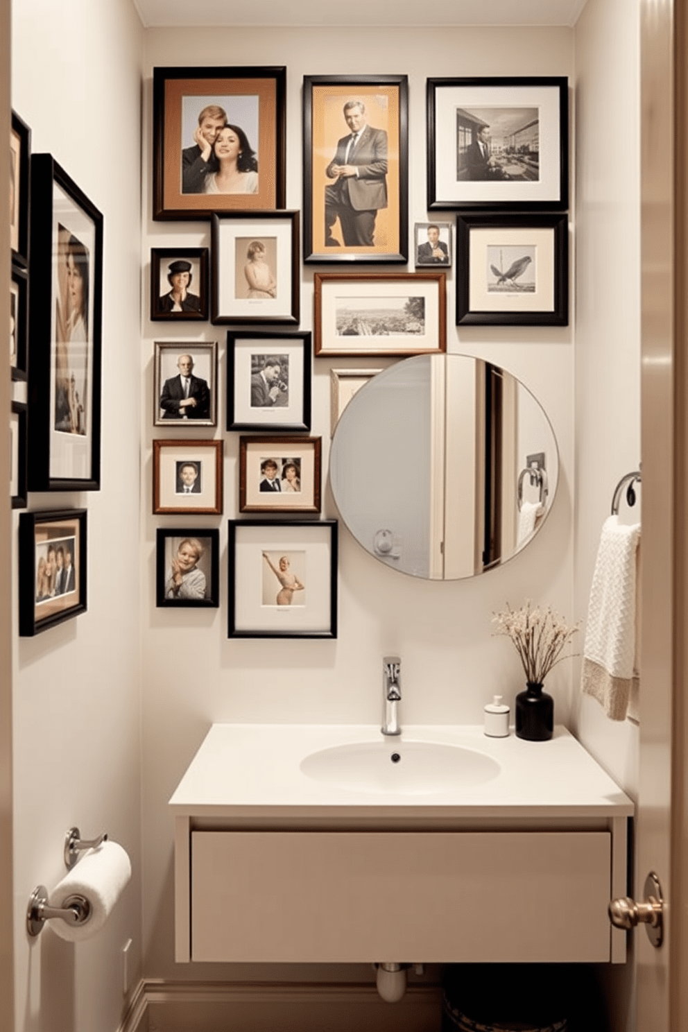 Artful wall decor to personalize space. A gallery wall featuring a mix of framed artwork and photographs in various sizes creates an inviting atmosphere. Quarter bathroom design ideas. A compact layout with a floating vanity and a round mirror enhances the sense of space, while soft lighting adds warmth.