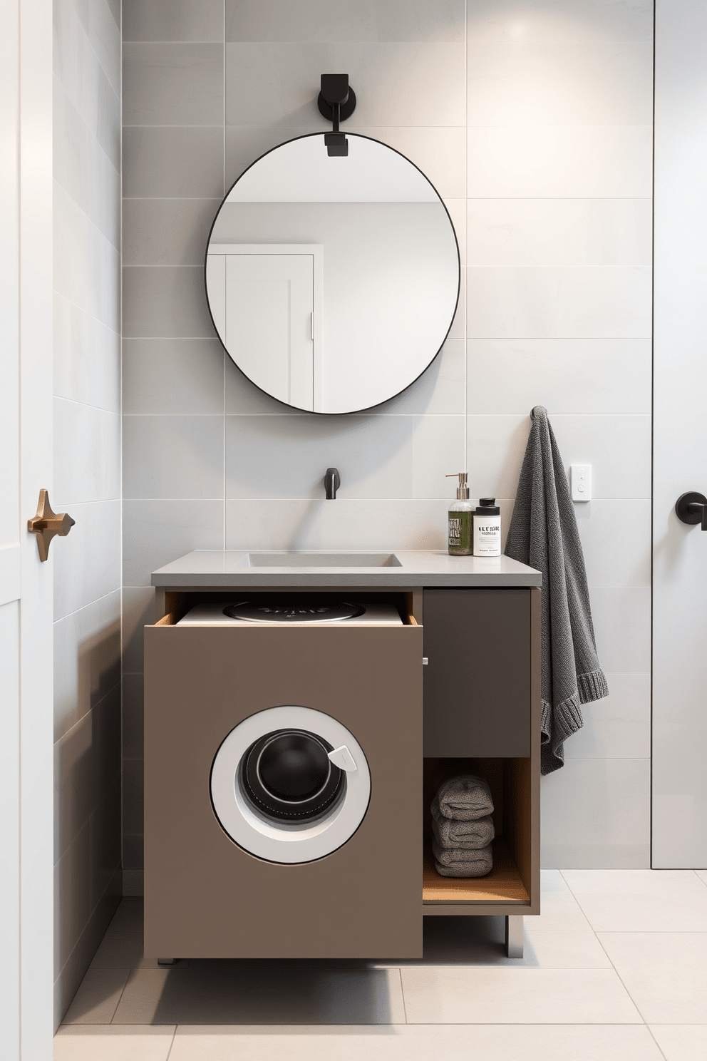 A compact laundry hamper is seamlessly integrated into a stylish quarter bathroom. The design features a sleek cabinet with a pull-out laundry compartment, surrounded by elegant fixtures and a modern sink. The walls are adorned with light gray tiles, creating a fresh and airy atmosphere. A minimalist mirror hangs above the sink, reflecting the soft ambient lighting that enhances the overall appeal of the space.