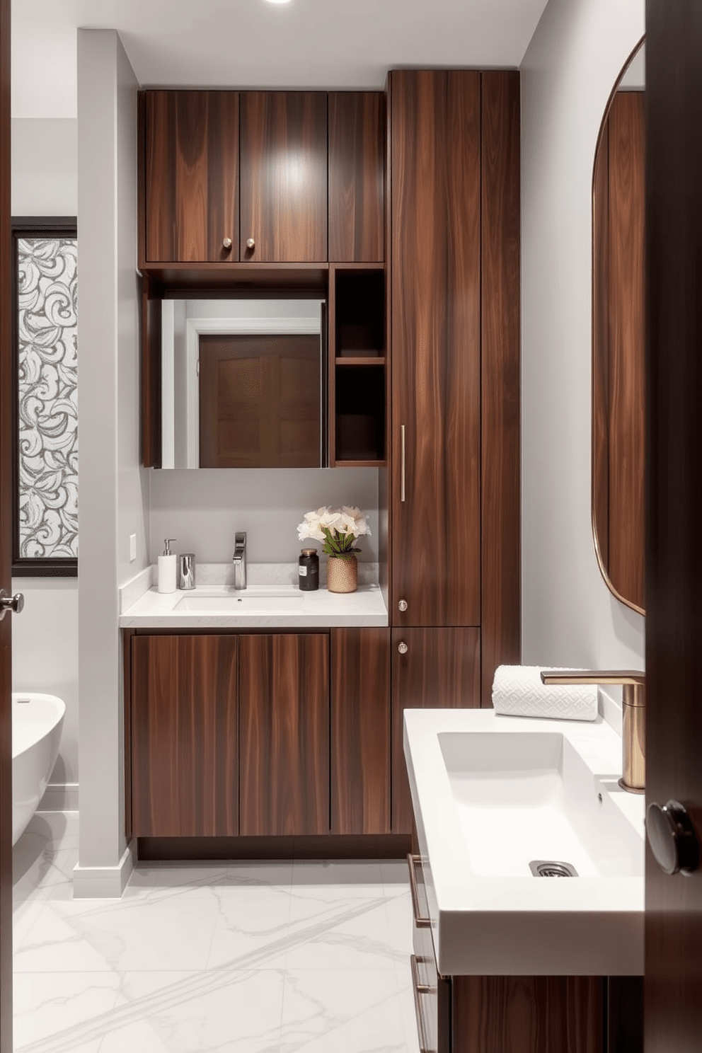 Custom cabinetry for tailored storage. The cabinetry features sleek lines and a rich walnut finish, providing ample space for organization. Quarter bathroom design ideas. The design includes a compact layout with a floating vanity, stylish fixtures, and elegant tile accents.