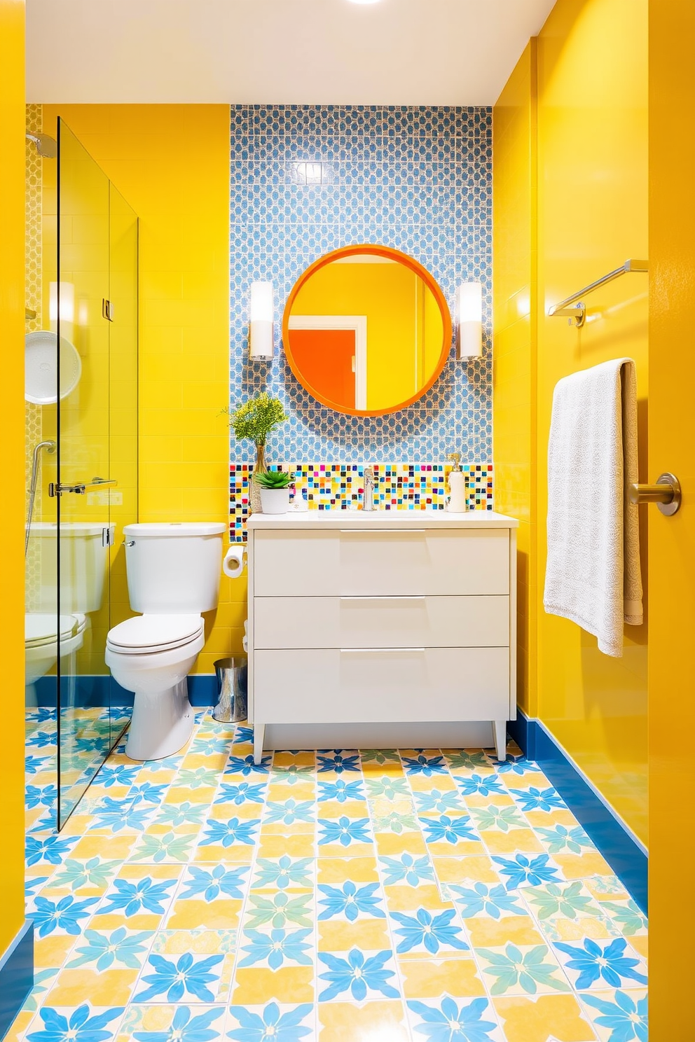 A vibrant quarter bathroom design featuring bright yellow walls that instantly uplift the space. The floor is adorned with cheerful blue and white tiles, creating a lively contrast. A sleek white vanity with a colorful mosaic backsplash adds a playful touch. Above the vanity, a round mirror with a bold orange frame reflects the energetic atmosphere of the room.