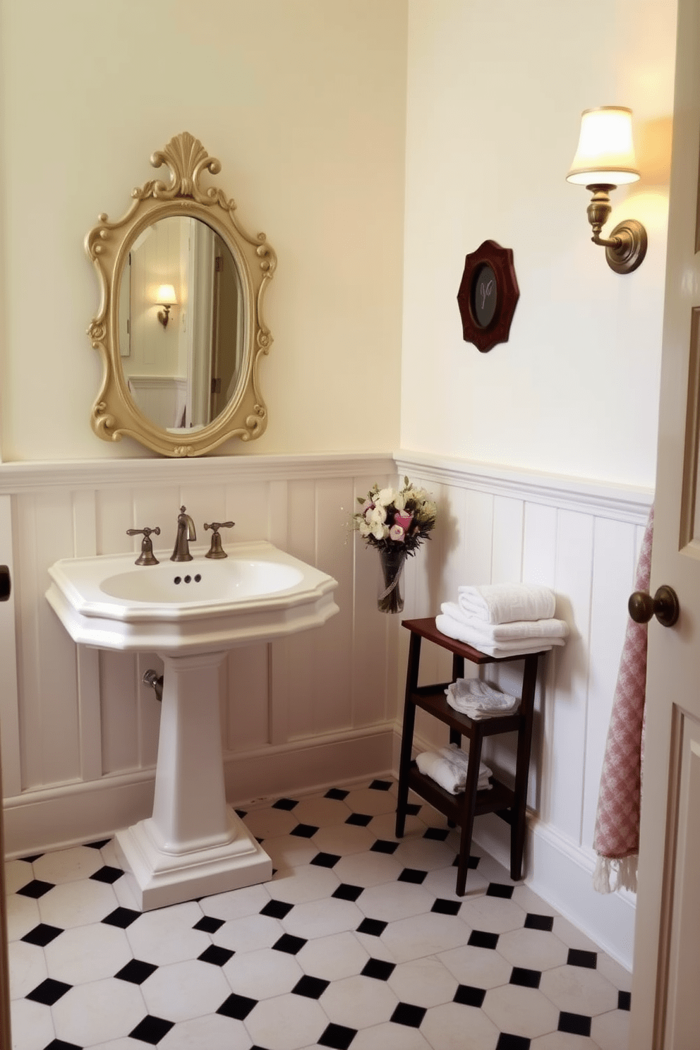 An elegant pedestal sink stands gracefully in the corner of a classic quarter bathroom. The walls are adorned with soft white wainscoting, and the floor features a timeless black and white checkerboard tile pattern. A vintage-style mirror with intricate detailing hangs above the sink, reflecting warm light from a nearby sconce. Delicate floral accents in the decor add a touch of charm, while plush towels are neatly arranged on a small wooden shelf.