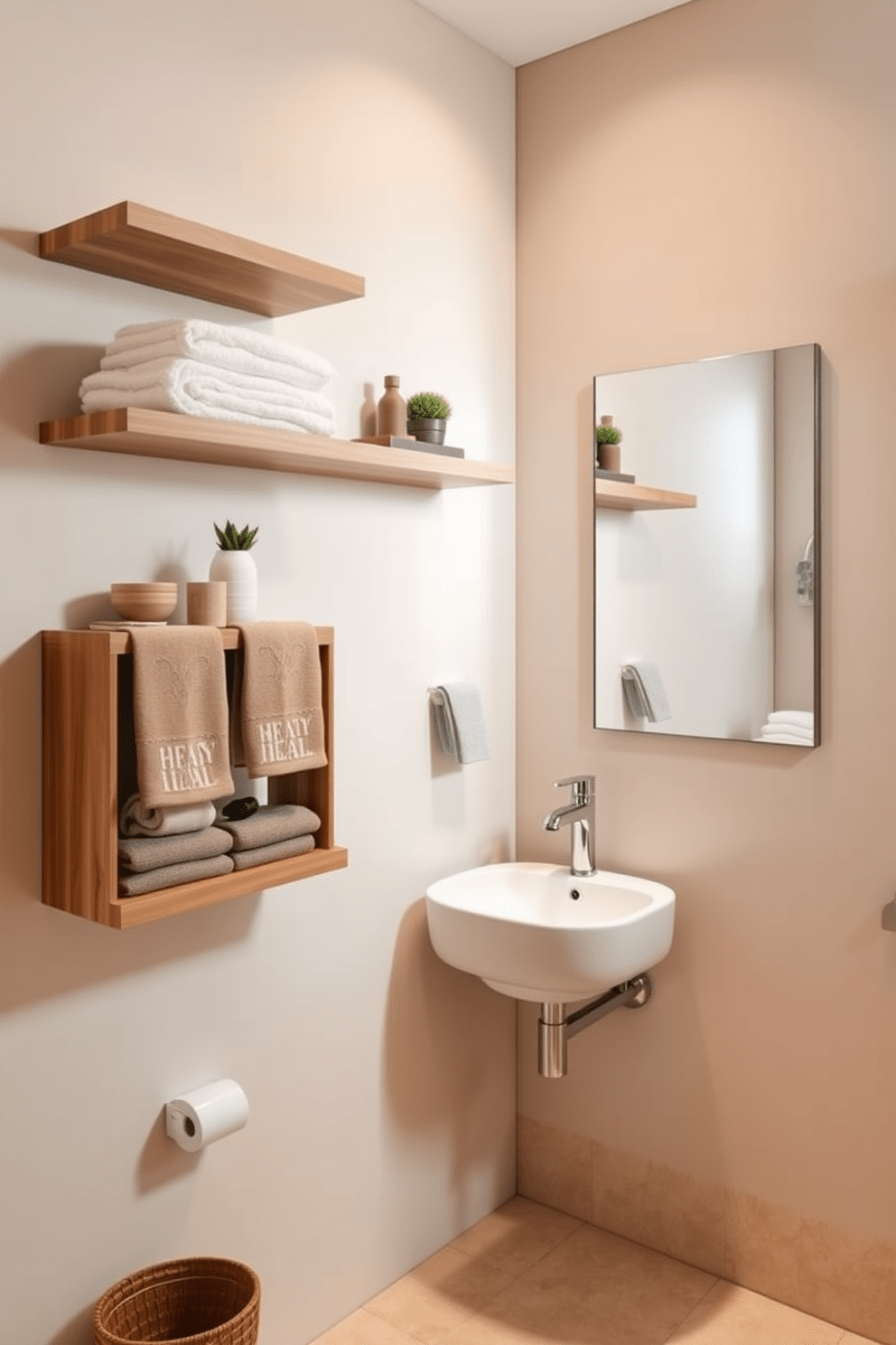 A stylish bathroom featuring innovative wall-mounted storage solutions. The walls are adorned with sleek shelving units made from natural wood, displaying neatly arranged towels and decorative items. In the corner, a quarter bathroom showcases a compact yet elegant design. A modern pedestal sink is paired with a minimalist mirror, while light beige tiles create a warm and inviting atmosphere.