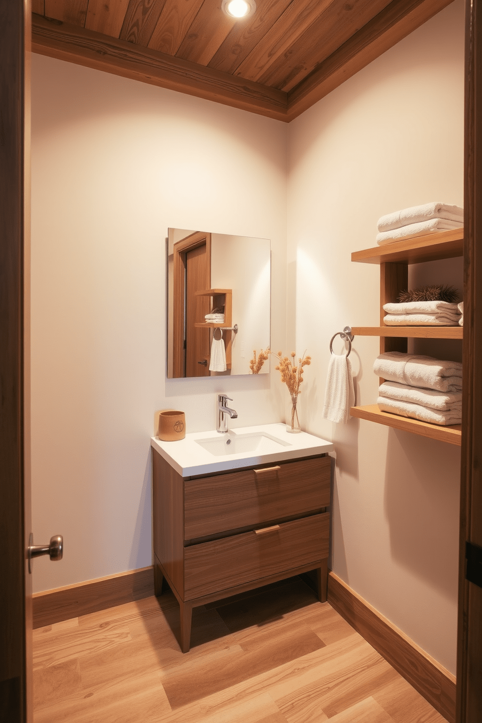 A cozy quarter bathroom featuring warm wood accents to create an inviting atmosphere. The space includes a sleek wooden vanity with a light countertop, complemented by soft lighting that enhances the warmth of the wood. Natural elements are incorporated through a wooden shelving unit displaying neatly arranged towels and decorative items. The walls are painted in a soft beige, while the floor is adorned with warm-toned tiles that harmonize with the overall design.