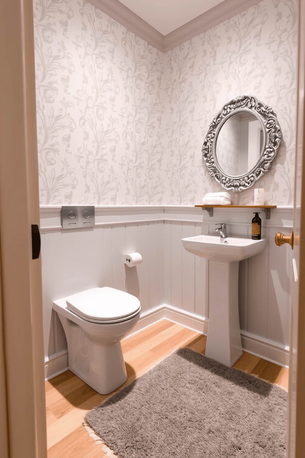 A stylish quarter bathroom features a sleek pedestal sink paired with a compact toilet. The walls are adorned with elegant wallpaper in a soft pastel hue, and a plush rug adds warmth underfoot. The flooring is a mix of light wood and textured tiles, creating a modern yet cozy atmosphere. A small shelf holds neatly folded towels, while a decorative mirror enhances the sense of space.