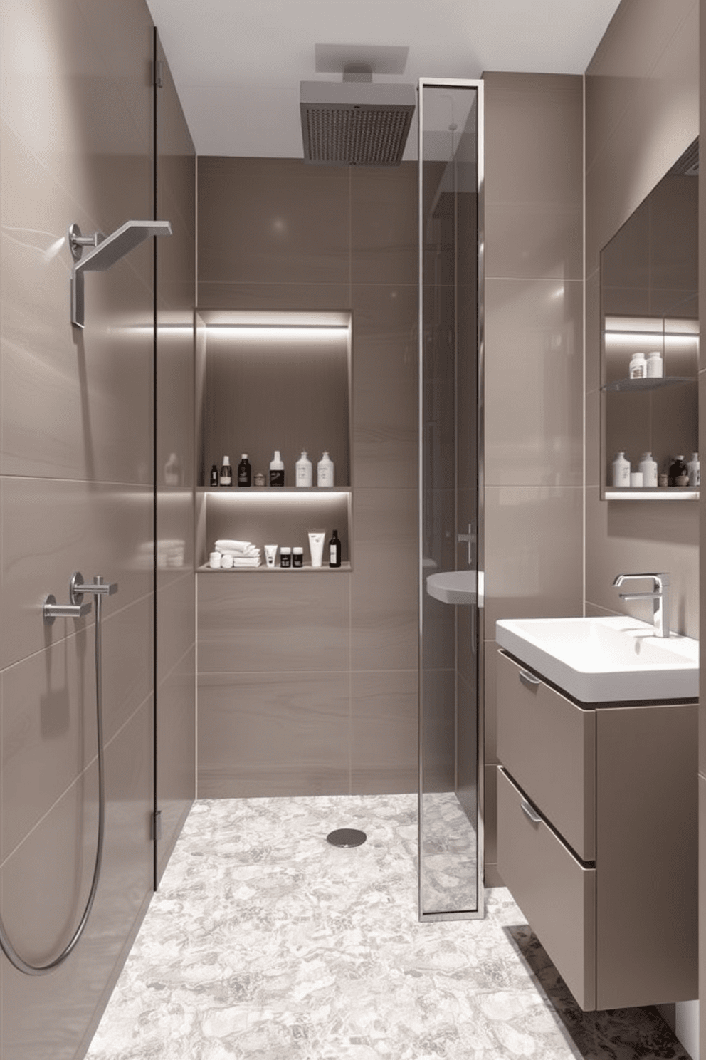 A modern quarter bathroom featuring innovative shower storage solutions. The design includes built-in shelving with integrated lighting, providing easy access to toiletries while keeping the space organized. The walls are adorned with sleek tiles in a neutral palette, and the floor features a stylish mosaic pattern. A compact vanity with a minimalist design complements the overall aesthetic, enhancing the functionality of the space.