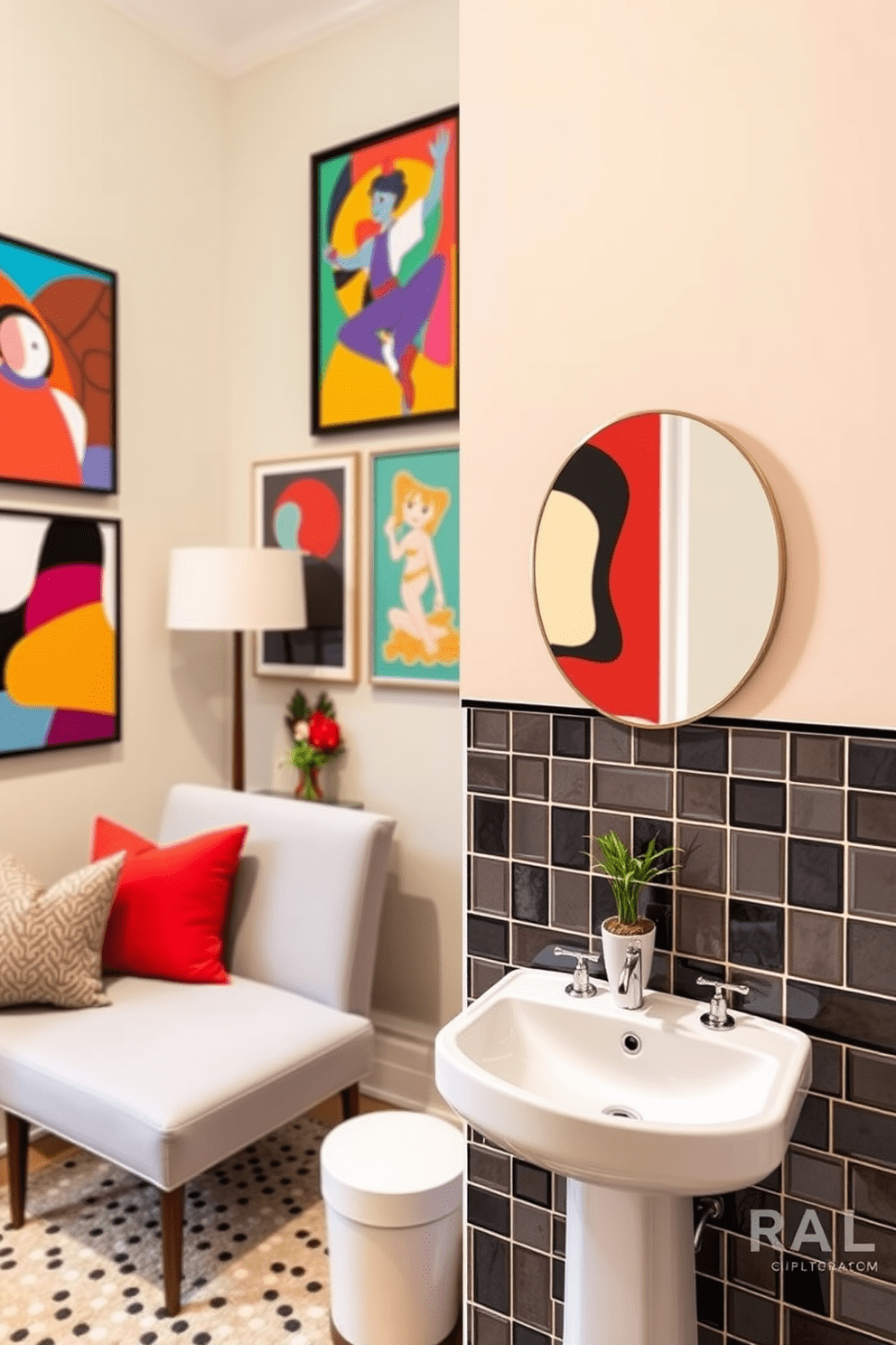 Colorful art prints adorn the walls of a vibrant living space, bringing personality and energy to the room. The prints feature abstract designs and bold colors that complement the modern furniture and bright decor. In a stylish quarter bathroom, a sleek pedestal sink is paired with a compact mirror that enhances the sense of space. The walls are painted in a soft pastel hue, and decorative accents like geometric tiles and a small potted plant add charm and character.