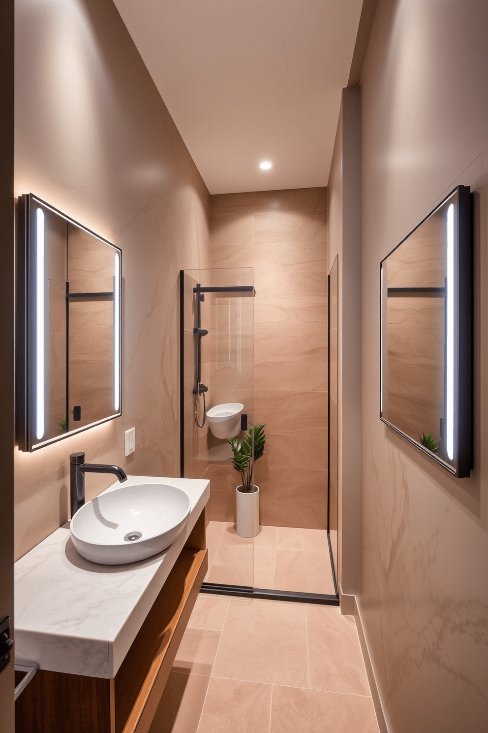 A stylish quarter bathroom featuring integrated lighting in the mirrors for convenience. The design includes a sleek floating vanity with a quartz countertop and a modern vessel sink. The walls are adorned with elegant tiles in soft earth tones, creating a warm ambiance. A compact shower area with glass doors complements the overall aesthetic, while a small potted plant adds a touch of greenery.